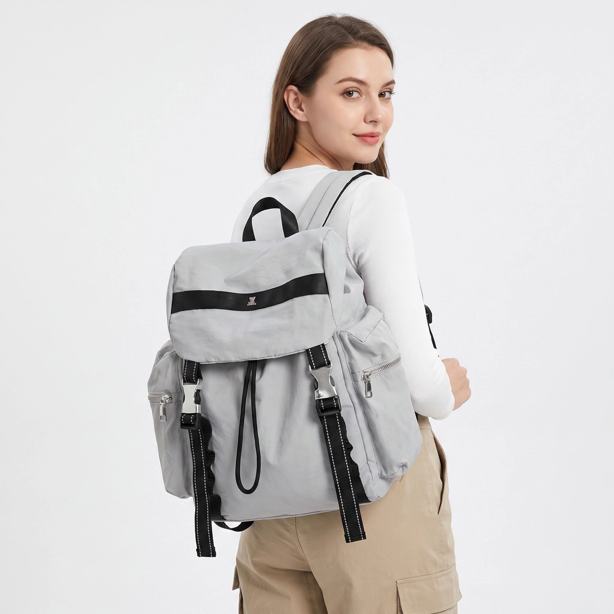 Alilang Women's Flap Drawstring Backpack with Dual Buckle Straps and Zippered Side Pockets