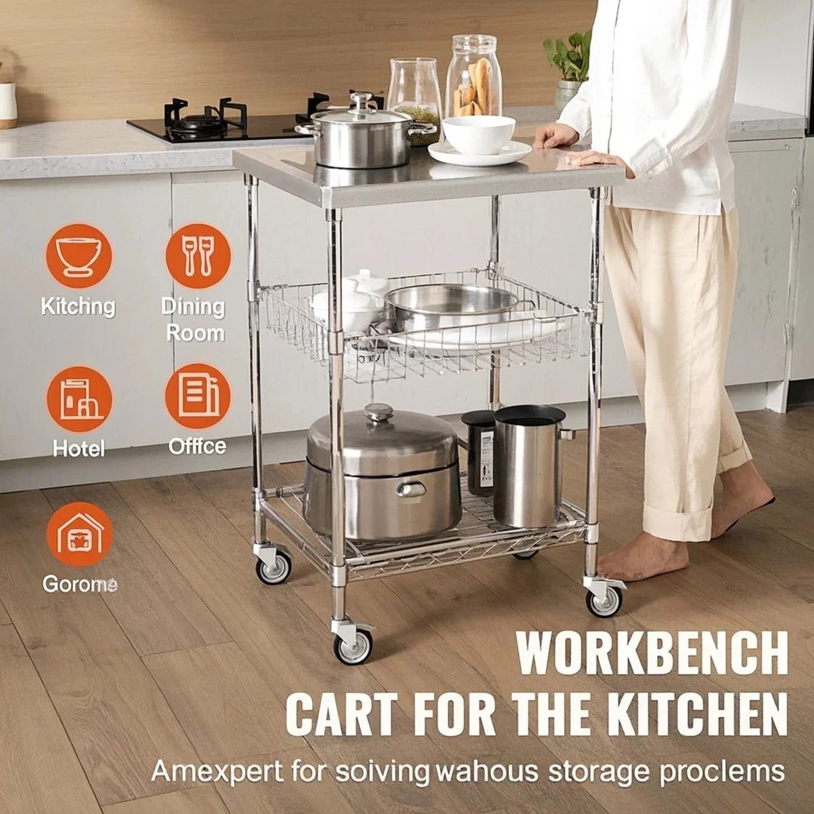 HONGGE 3-Tier Stainless Steel Kitchen Utility Cart, 470 lbs Capacity, Adjustable Wire Trolley with Basket