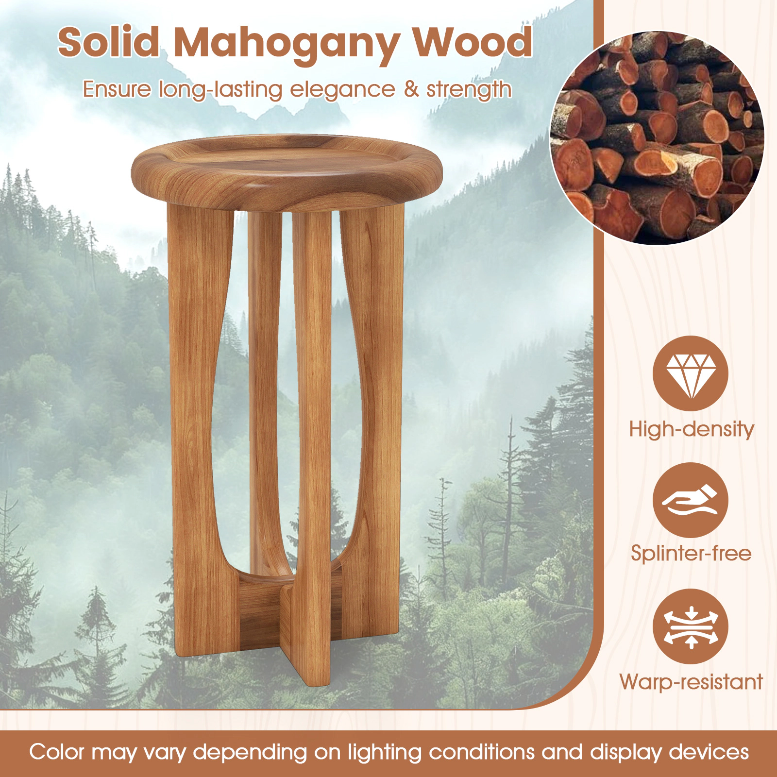 SUGIFT 14-in Round Solid Mahogany End Table, Tray Top, Cross Legs, Natural