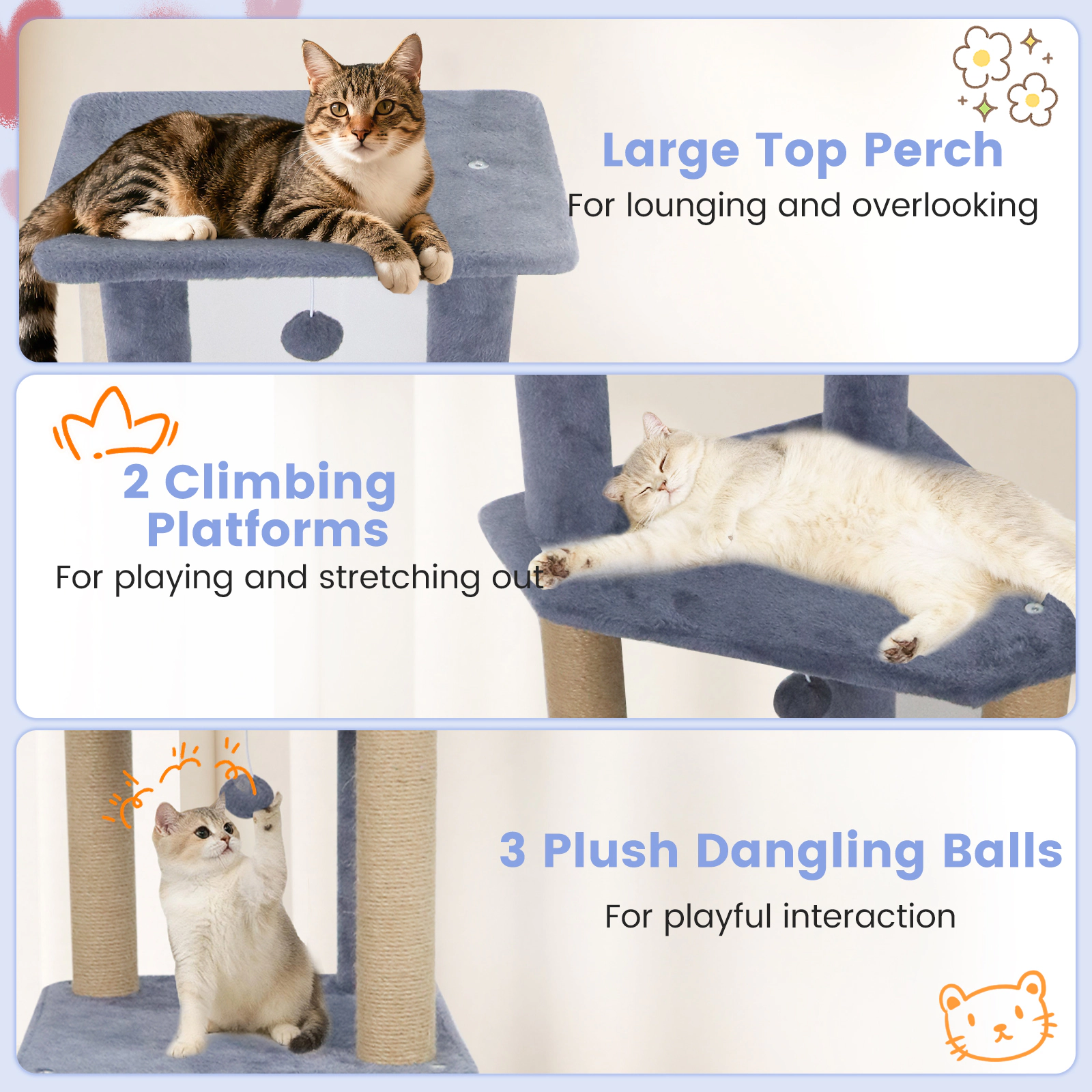 SUGIFT 64-in Dark Grey Cat Tree Tower with 2 Large Condos 5 Climbing Levels and Wall Anchor for Cats