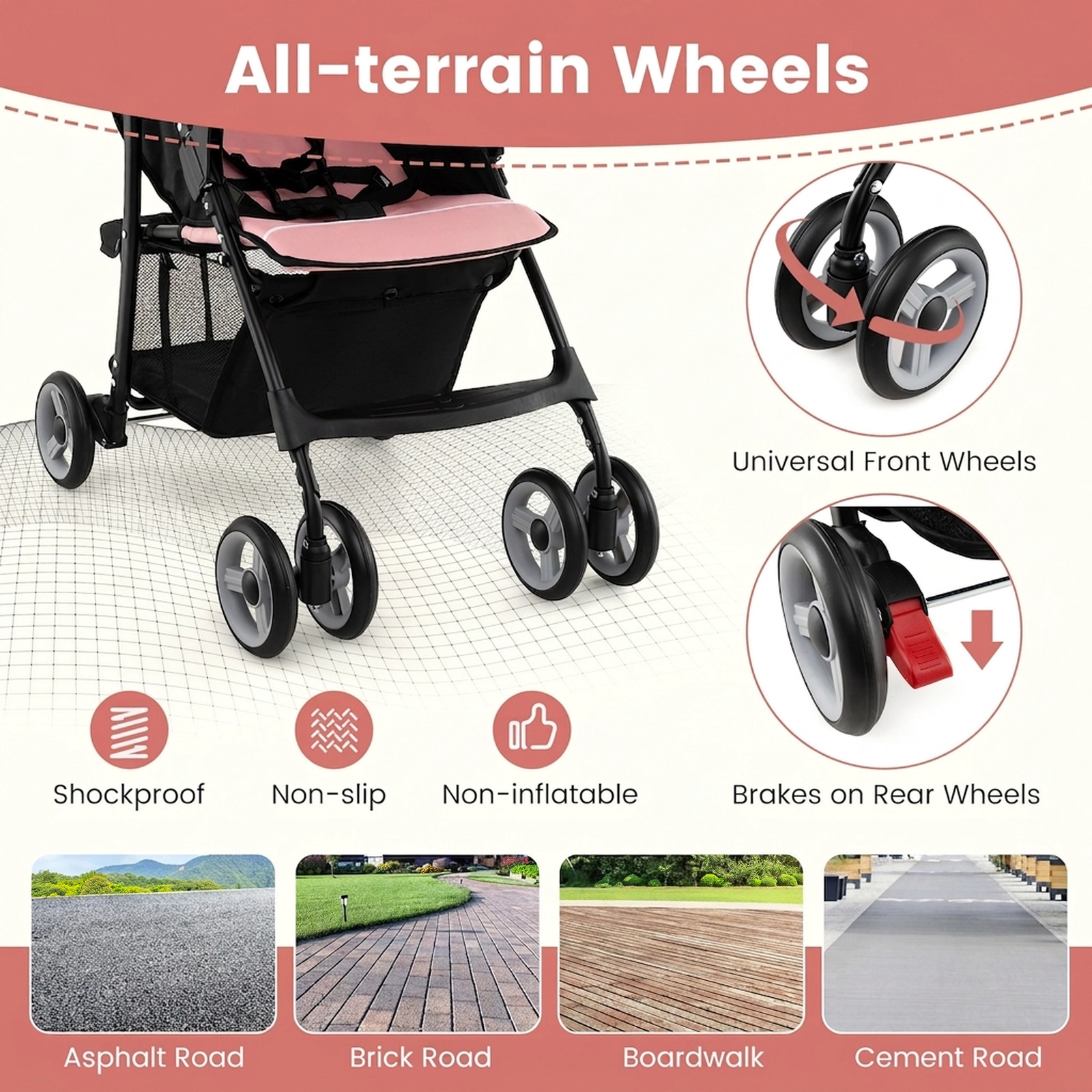 SUGIFT Pink 33-lb Capacity Steel Frame Toddler Travel Stroller with Multi-Position Recline and 5.5-in Wheels