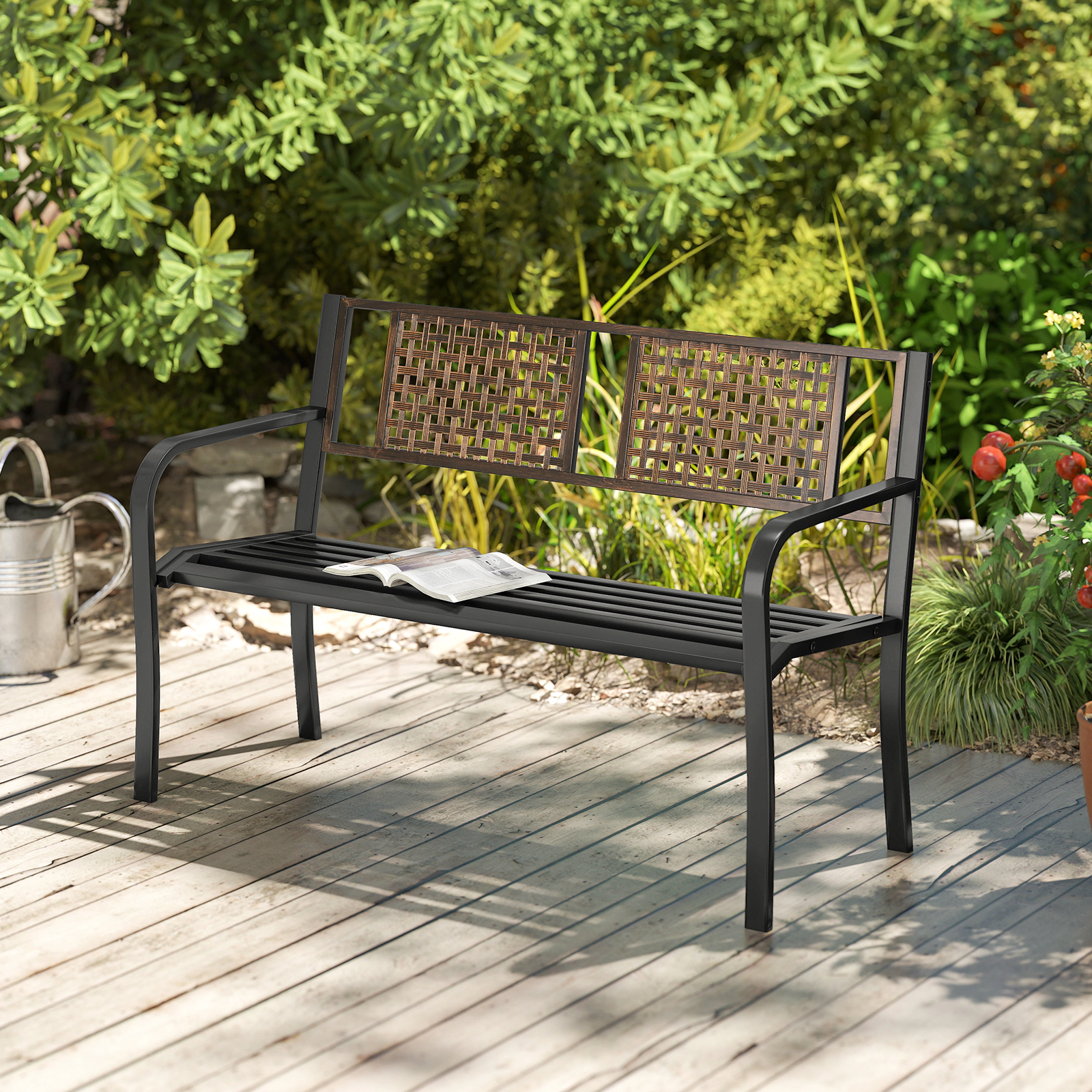 LJG 50 Inch Outdoor Metal Garden Bench with Rattan-Like Backrest for 2-3 People