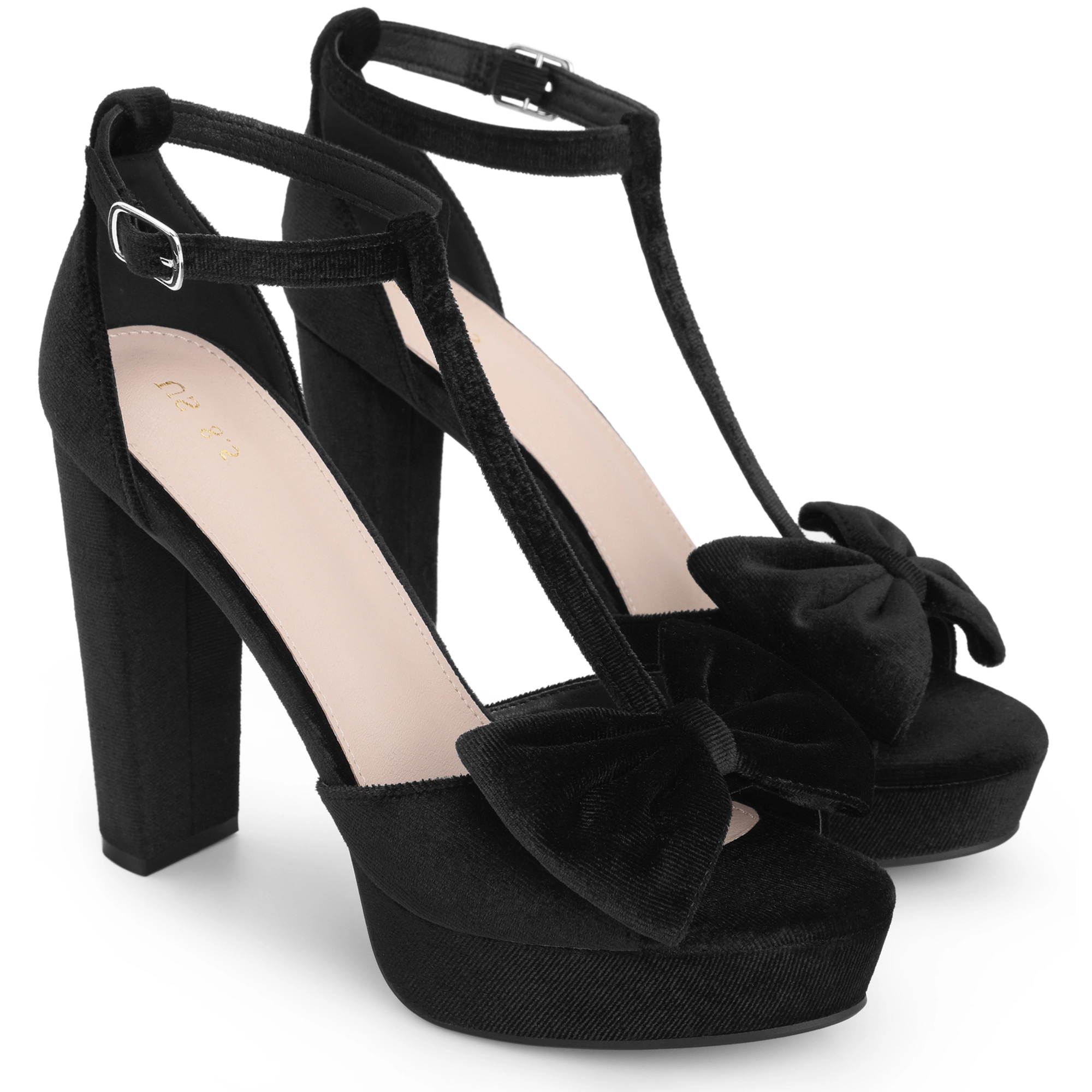BLISSFUL STEP Women's Velvet Bow T-Strap Chunky High Heel Block Sandals