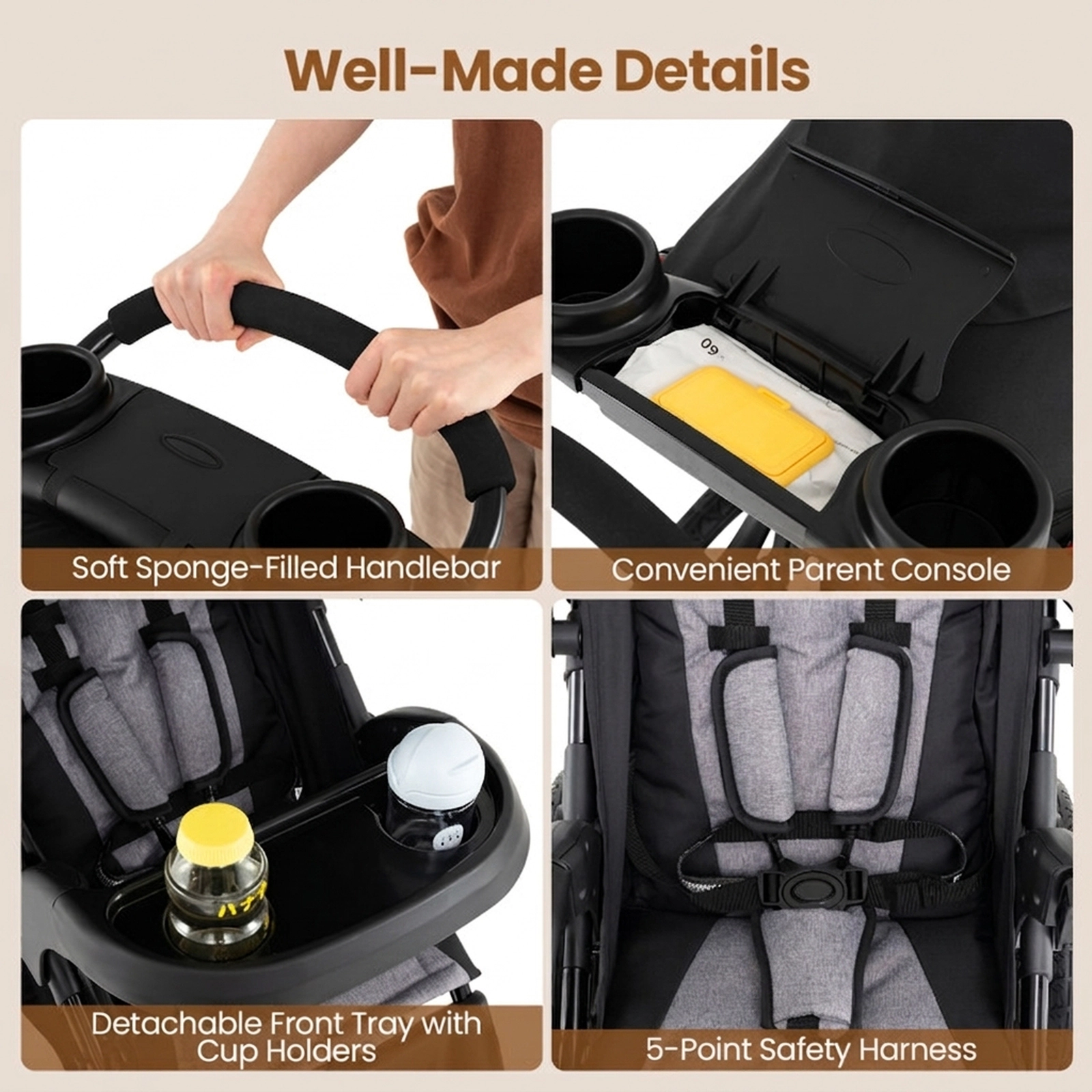 SUGIFT Black 33-lb Capacity 15.5-in Air-Filled Tire Foldable Jogging Stroller with Detachable Trays