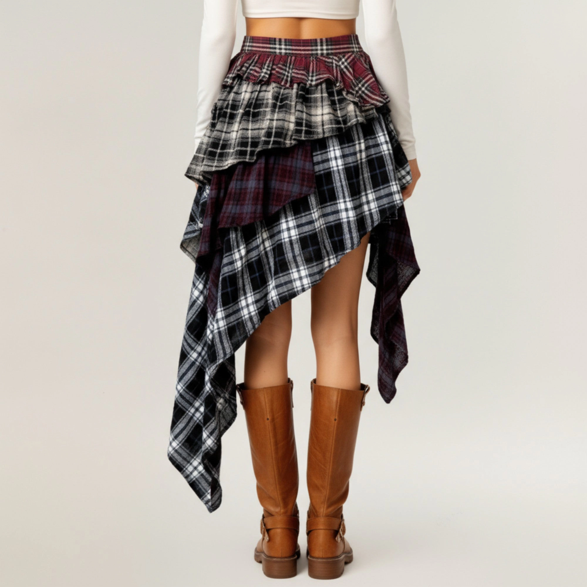 Anna-Kaci Womens Asymmetric Plaid Layered Ruffle Mini Skirt