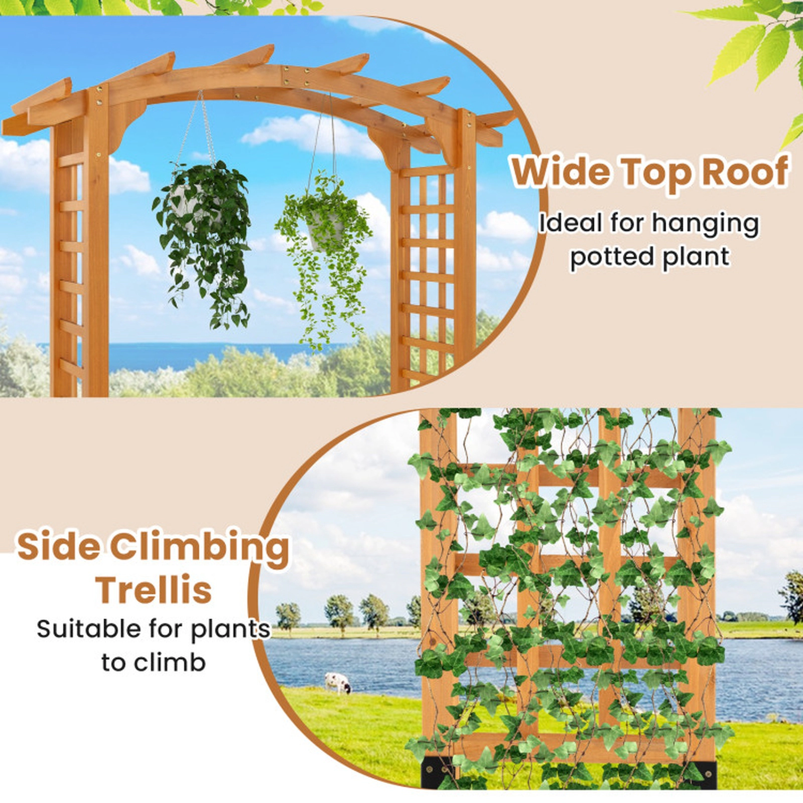 SUGIFT 7.5-Ft Orange Wooden Garden Arch Arbor with Lattice Trellises and Hanging Roof 63-in W 24-in D 90-in H