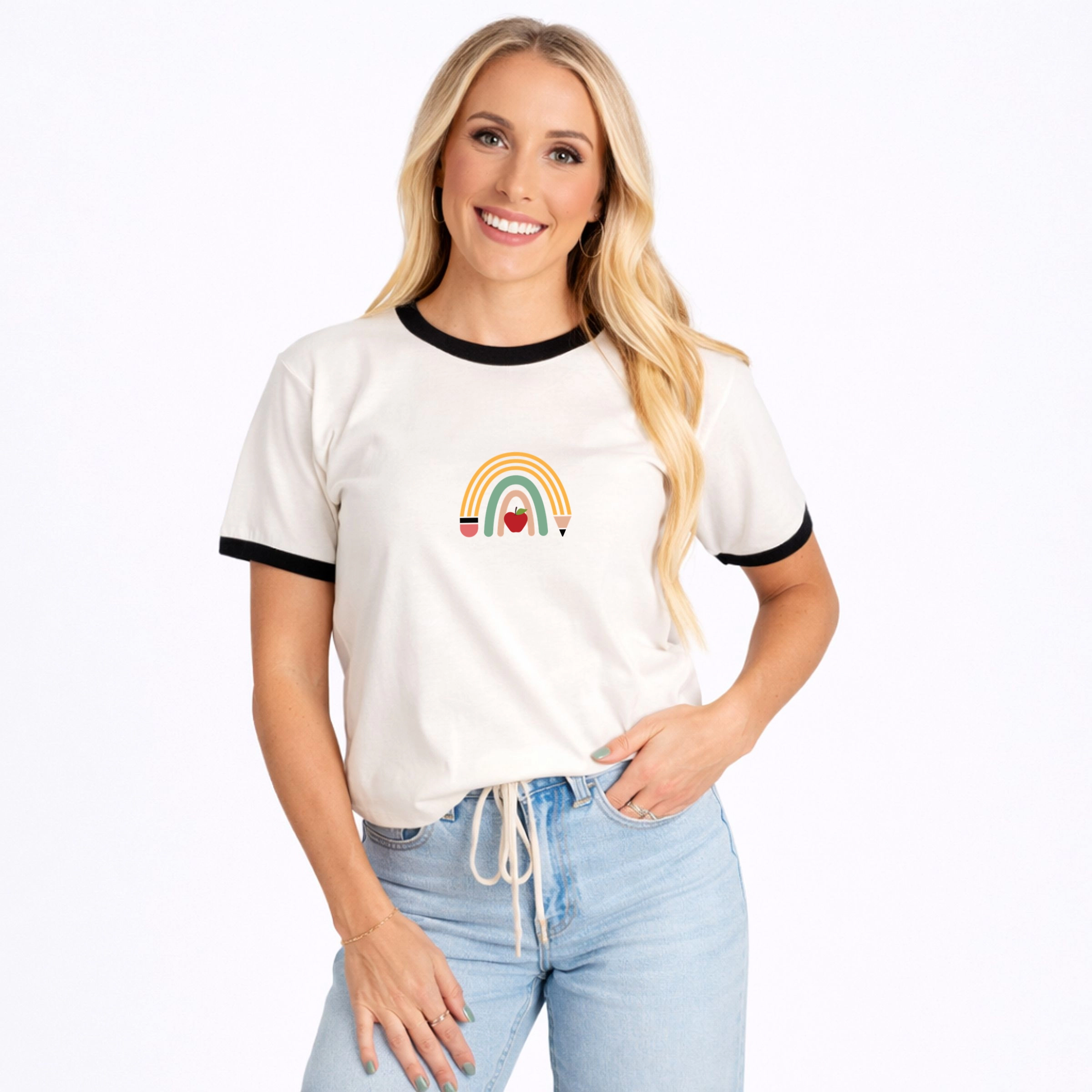Simply Sage Market - Women's Ringer Graphic T-Shirt Teacher Pencil Rainbow
