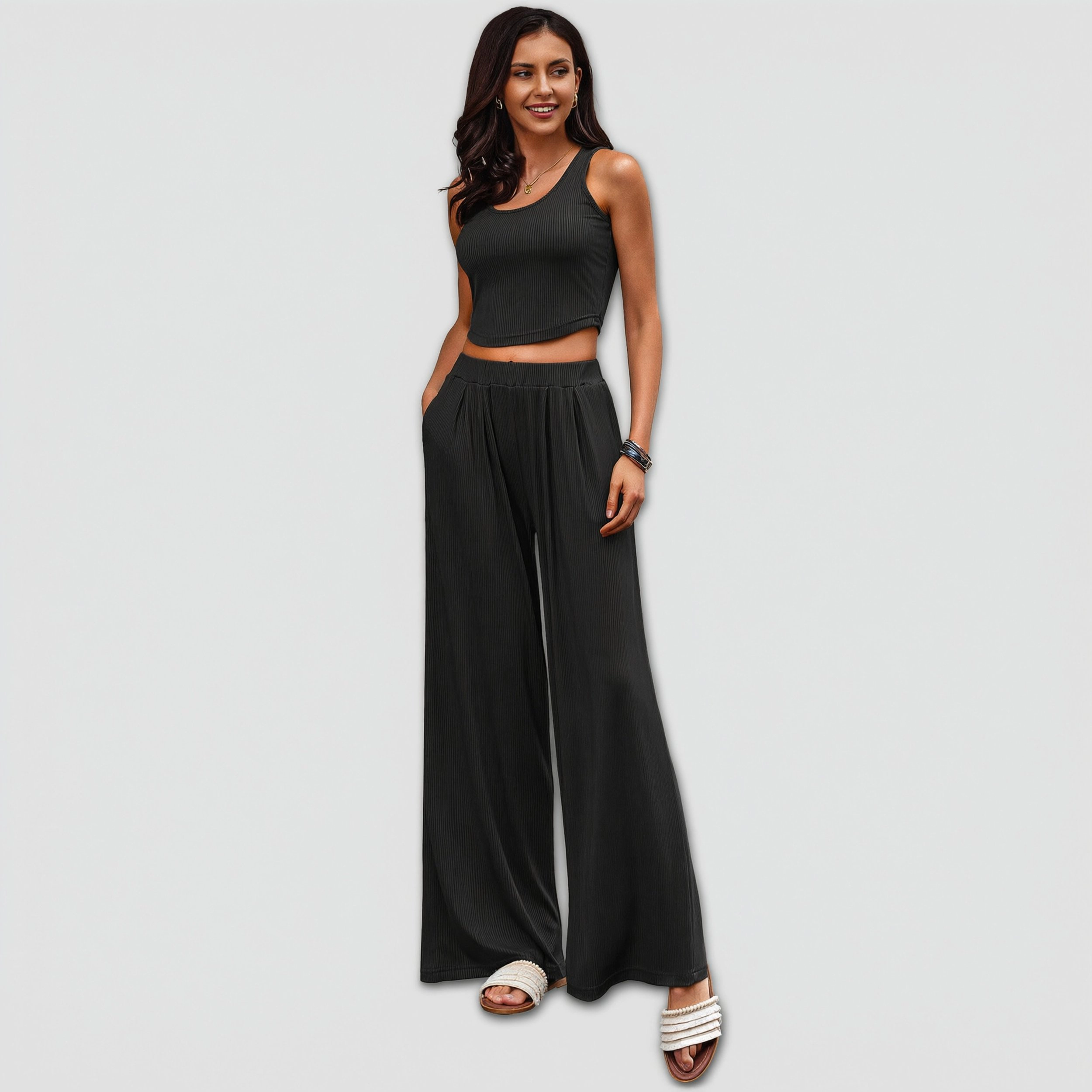 Ekouaer Women's Pajamas 2 Piece Lounge Set Ribbed Knit Loungewear Sleeveless Tank Top Wide Leg Pants