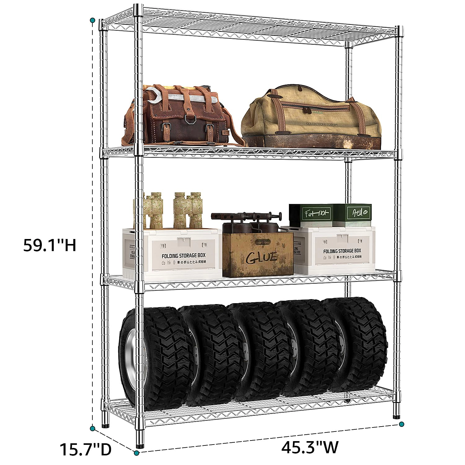 Flynama 4 Shelf Wire Shelving 1400 Lbs 45.3W x 15.8D x 59.4H in Heavy Duty Adjustable Metal Garage Rack