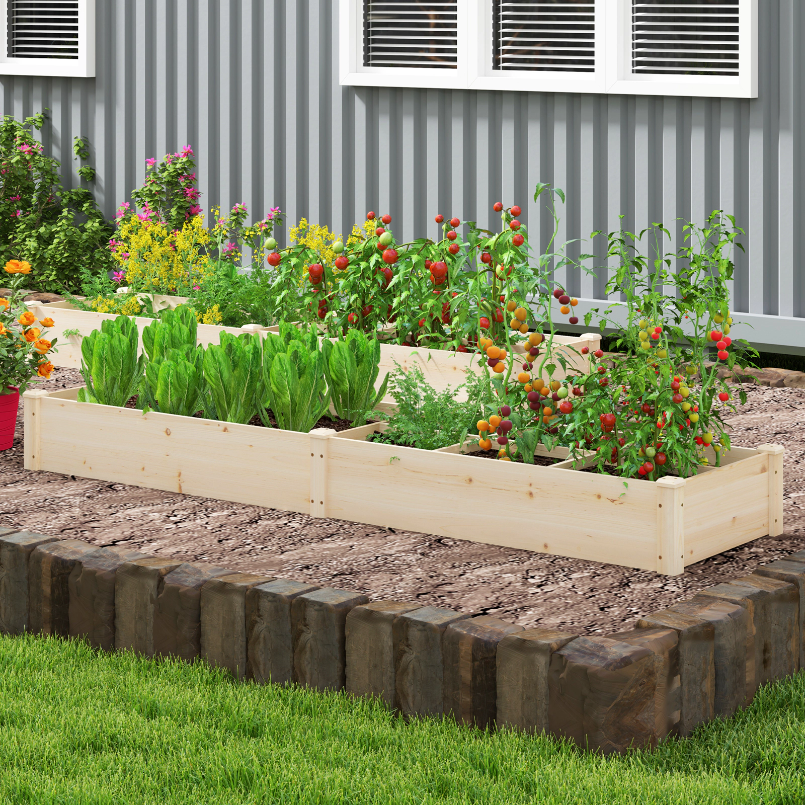 SlickBlue 90 Inch Fir Wood Raised Garden Bed with Divider Planter Box