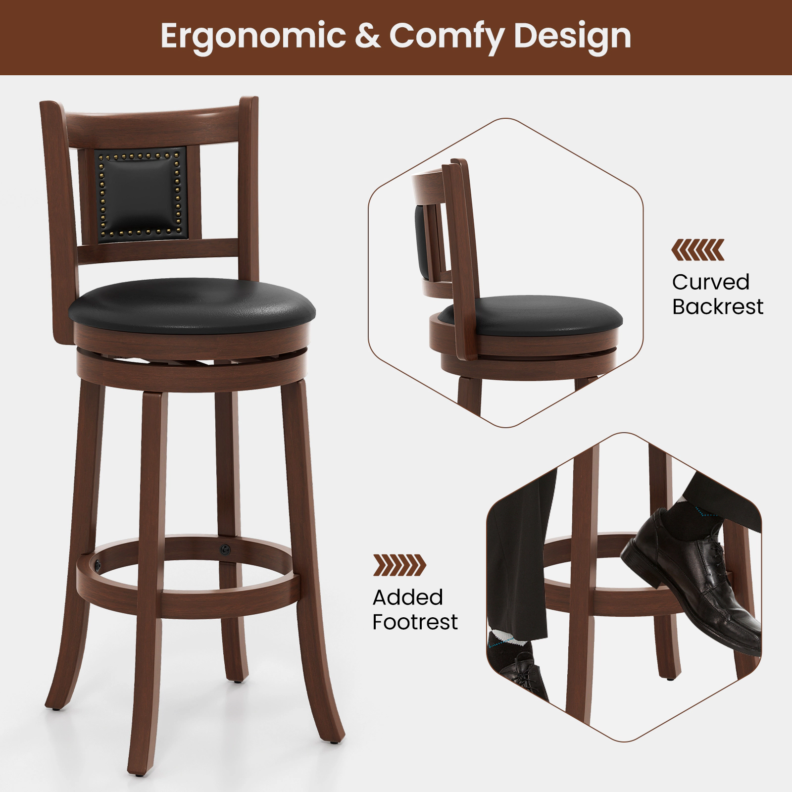 Glintex 2-Piece 30.5-Inch Swivel Bar Stool Set with Curved Backrest, Espresso & Black