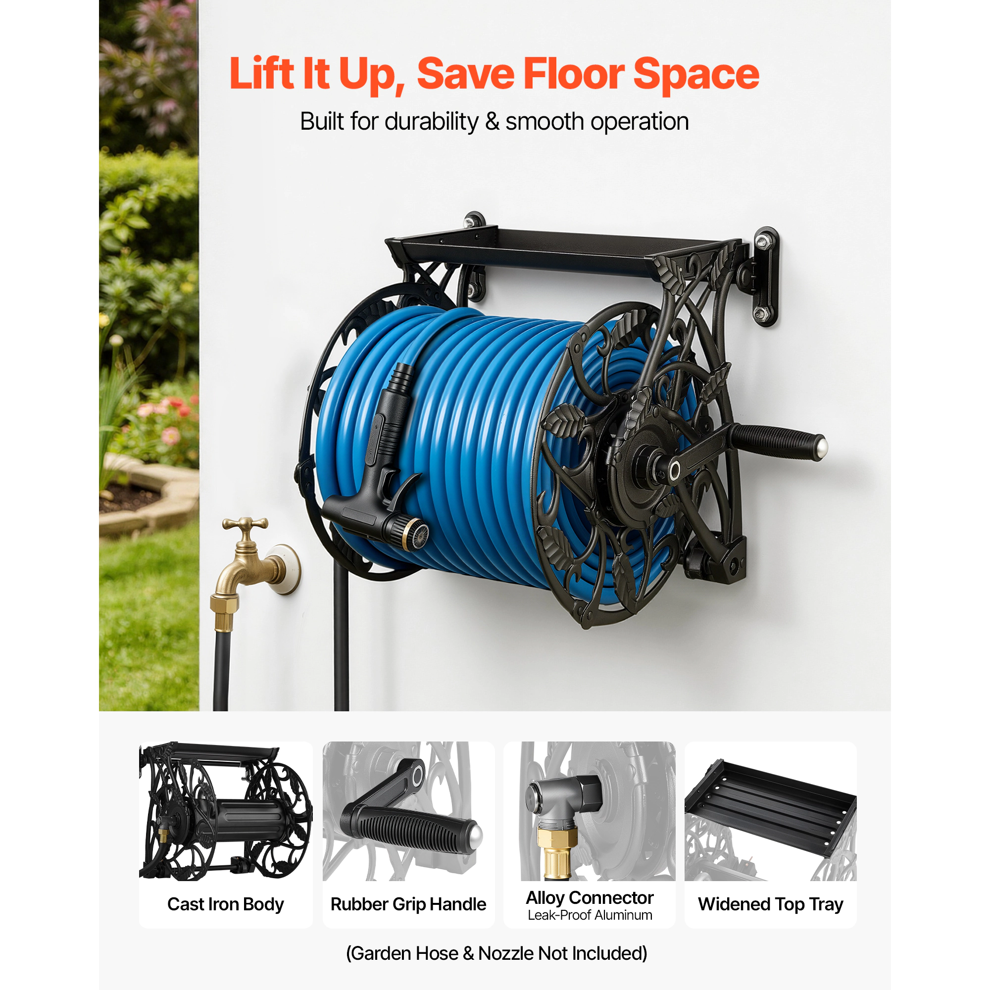 HONGGE Heavy-Duty Wall Mounted Garden Hose Reel Holds 5/8-inch Hose Outdoor Winder