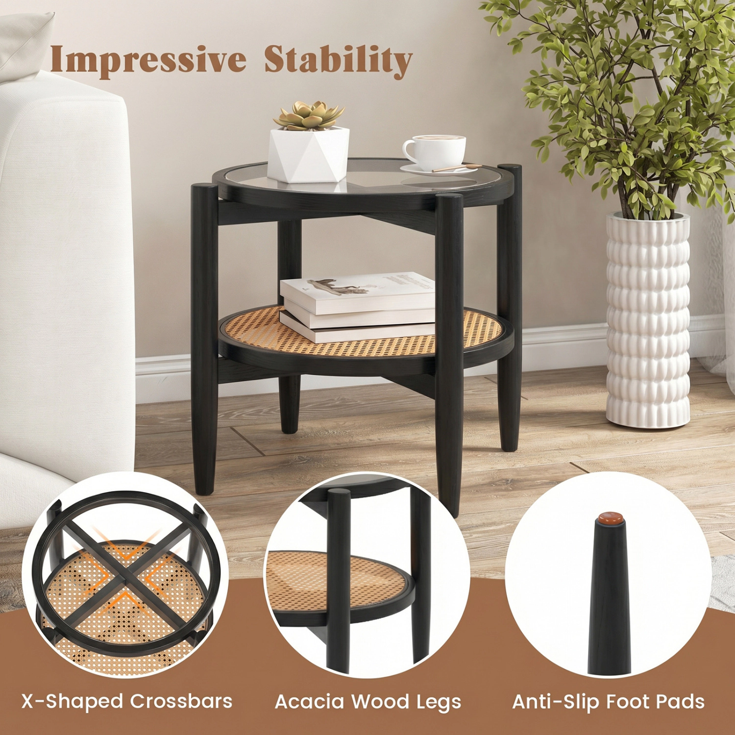 Glintex Round Rattan Side Table with Tempered Glass Top and Acacia Wood Legs
