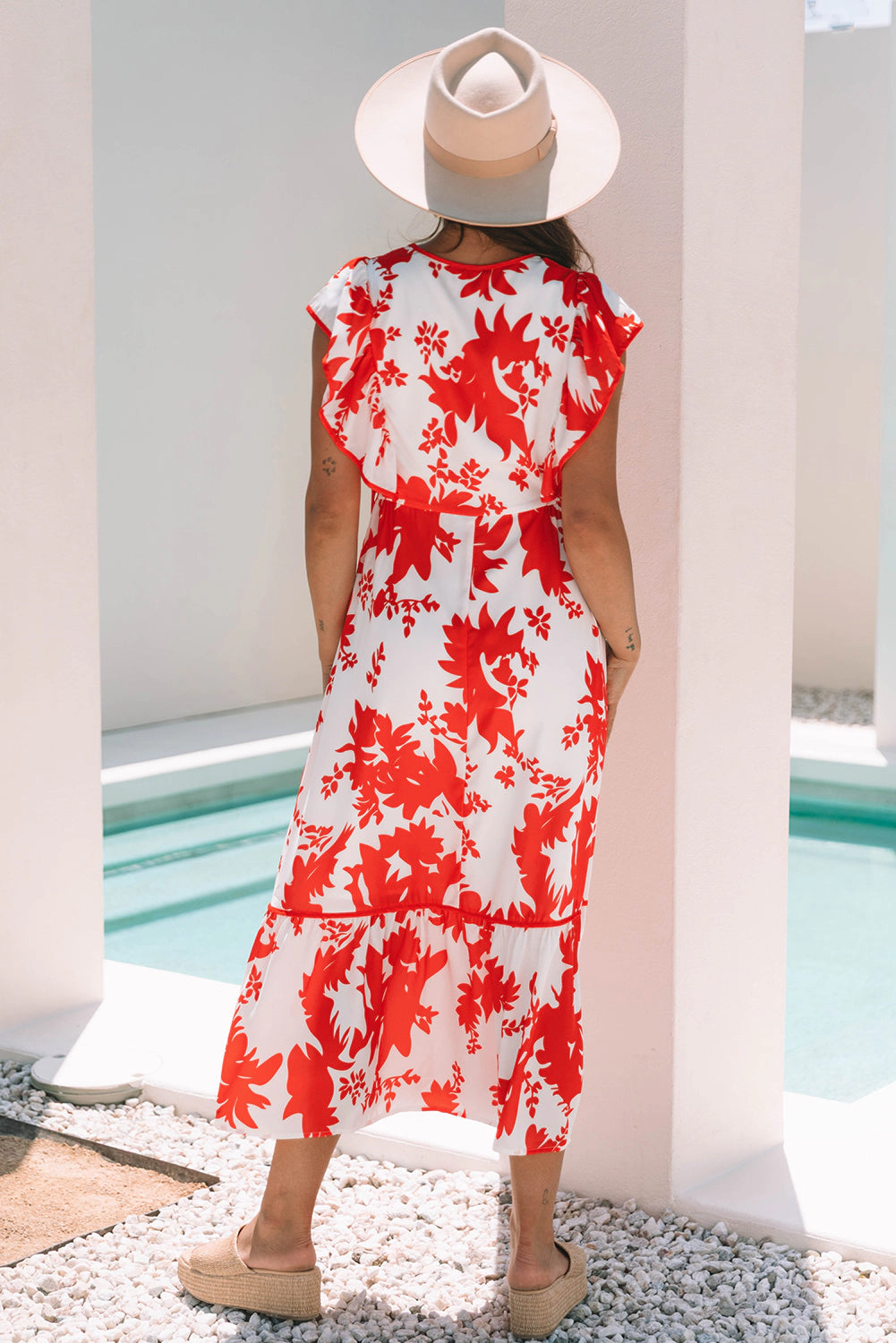 Threaded Pear Women's Scarlett Floral Trimmed V Neck Ruffle Sleeve Long Dress