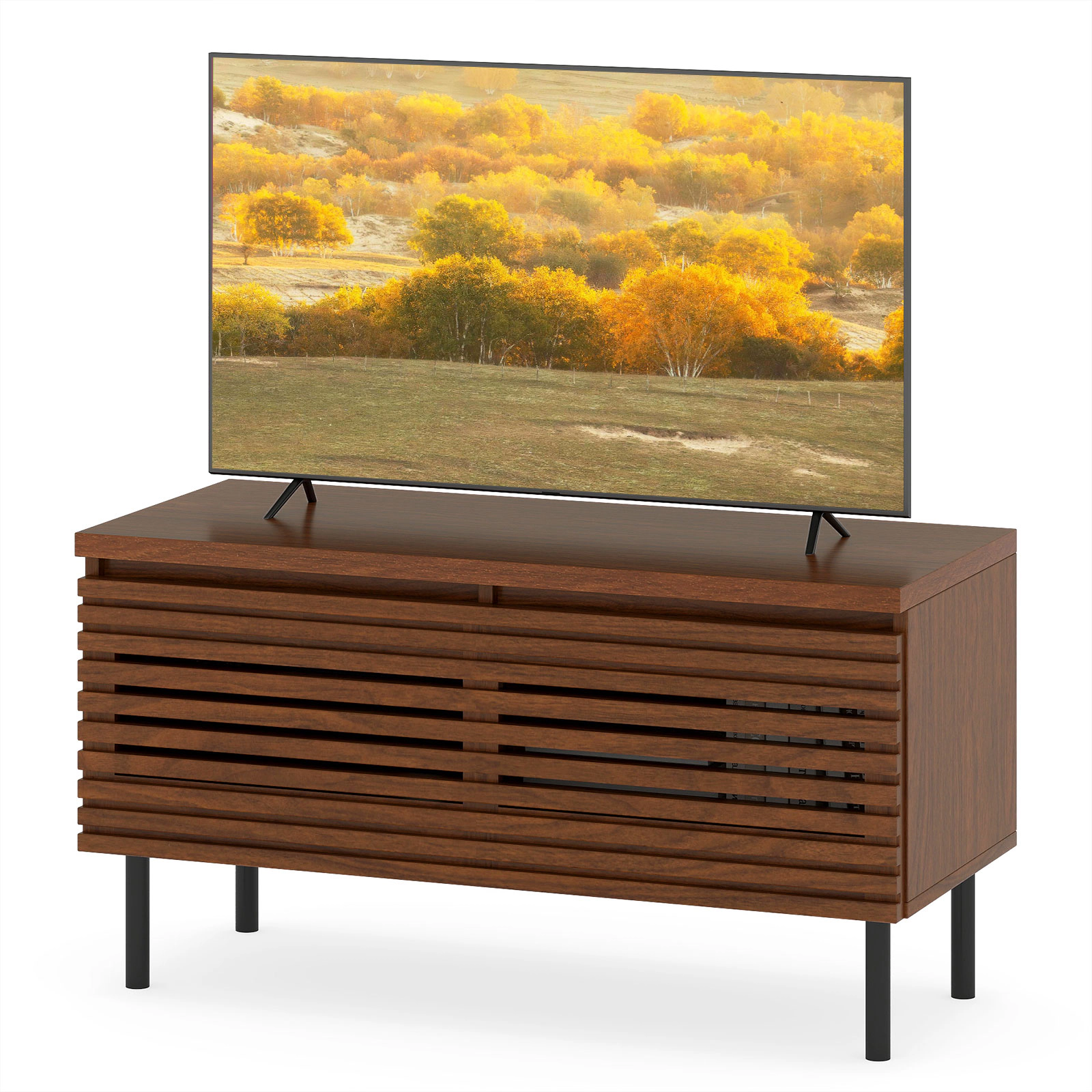 Glintex 35.5-Inch Fluted TV Stand with 2 Hidden Compartments, Walnut