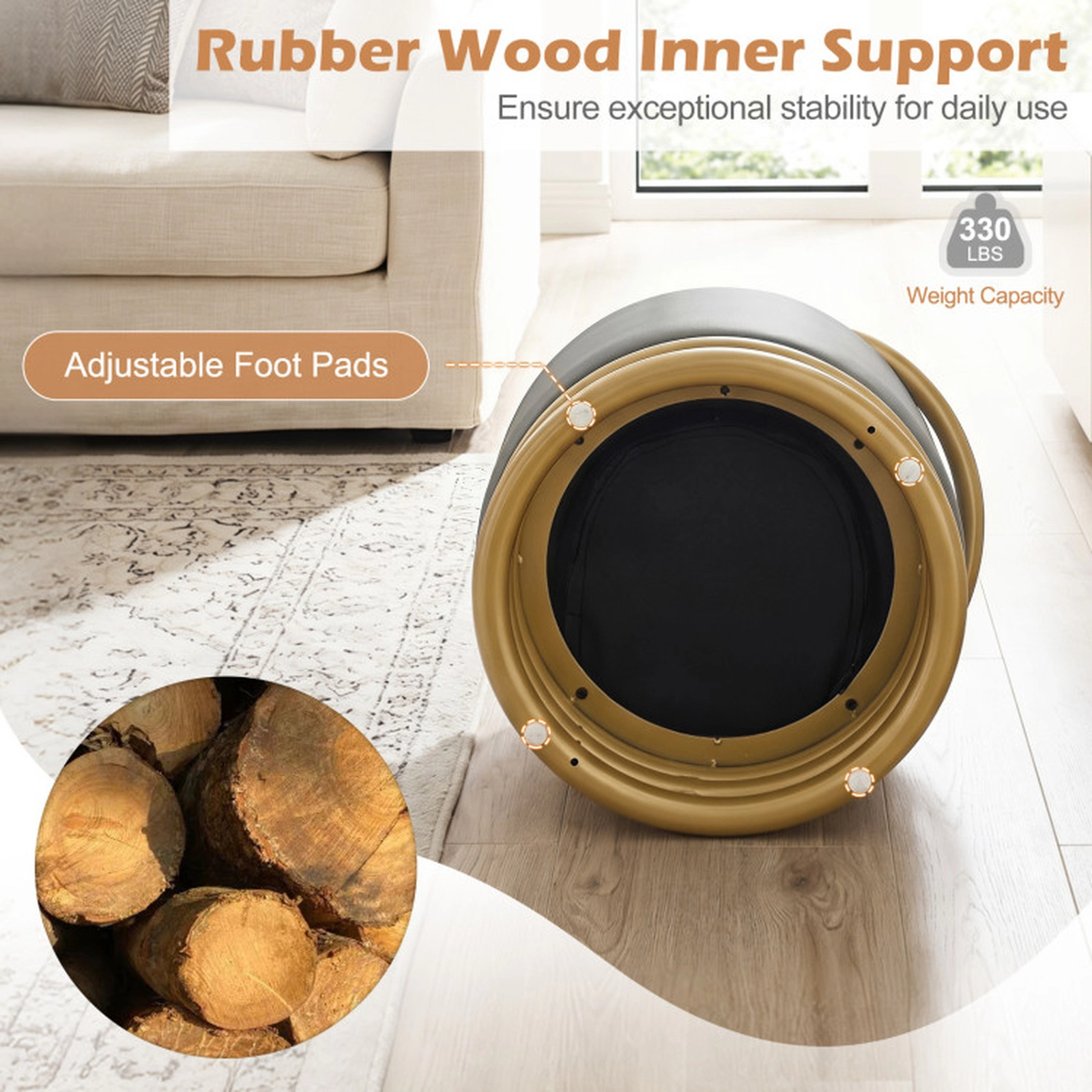 SUGIFT Round Faux Leather Vanity Stool Makeup Ottoman 330-Lb Capacity 21-in Tall Gray and Gold 1-Piece