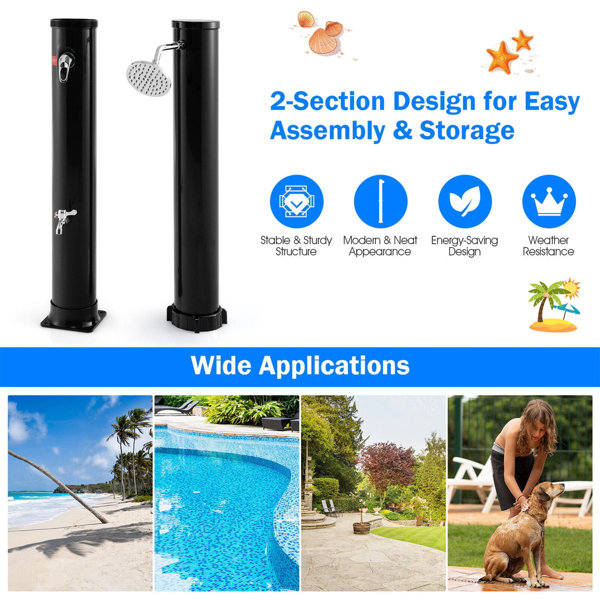 SUGIFT 7.2-ft Freestanding Solar-Heated Outdoor Shower with 10-gal Tank 360-Degree Head and Base Faucet