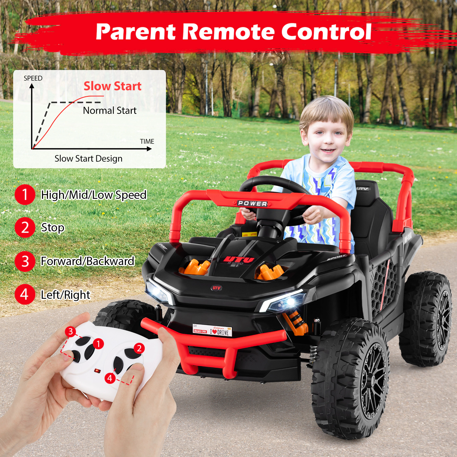LJG 12V Kids Ride on Truck Off-Road UTV with Parental Remote and Lights
