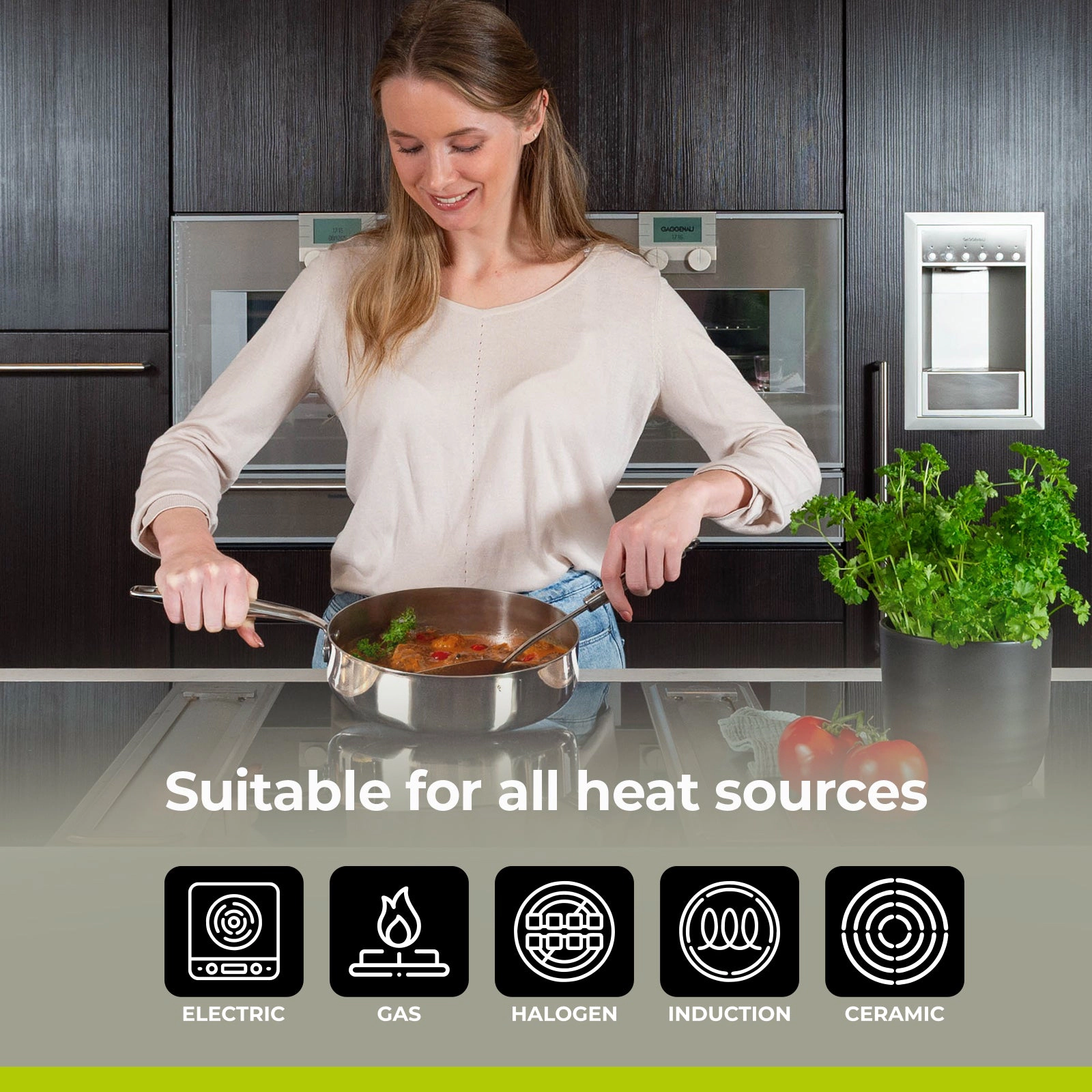 BE - LIVING Essential Series PFAS- free Tri-Ply Stainless Steel Sauté Pan with Lid 9.5"