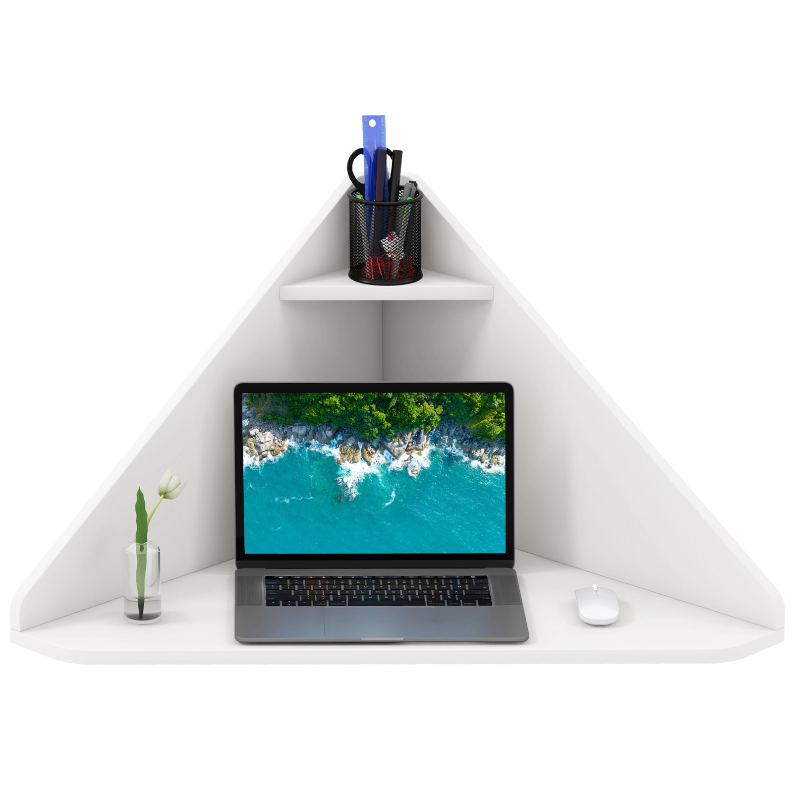 SUGIFT White Triangular Corner Floating Desk with Lower Shelf