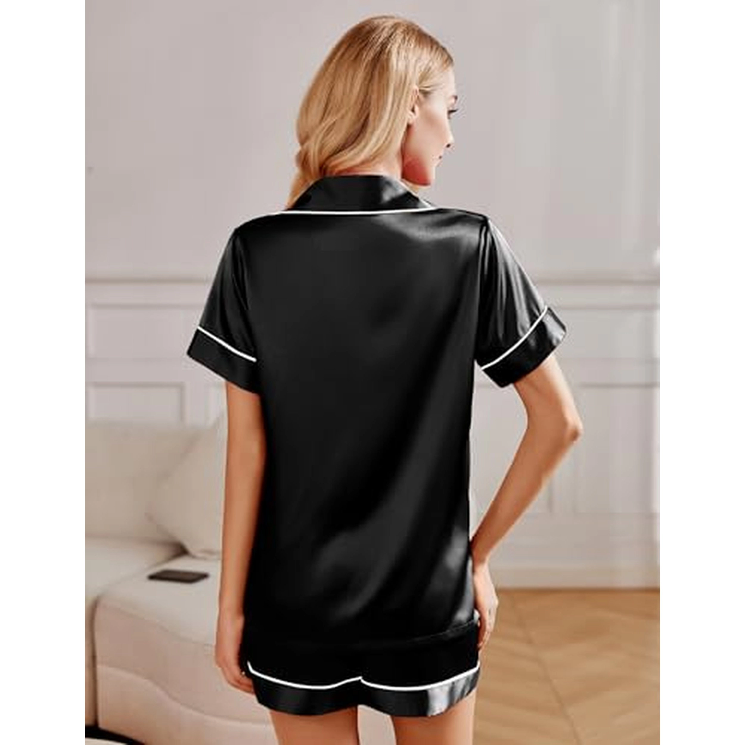 Ekouaer Women's Notch Collar Short Sleeve Satin Pajama Set