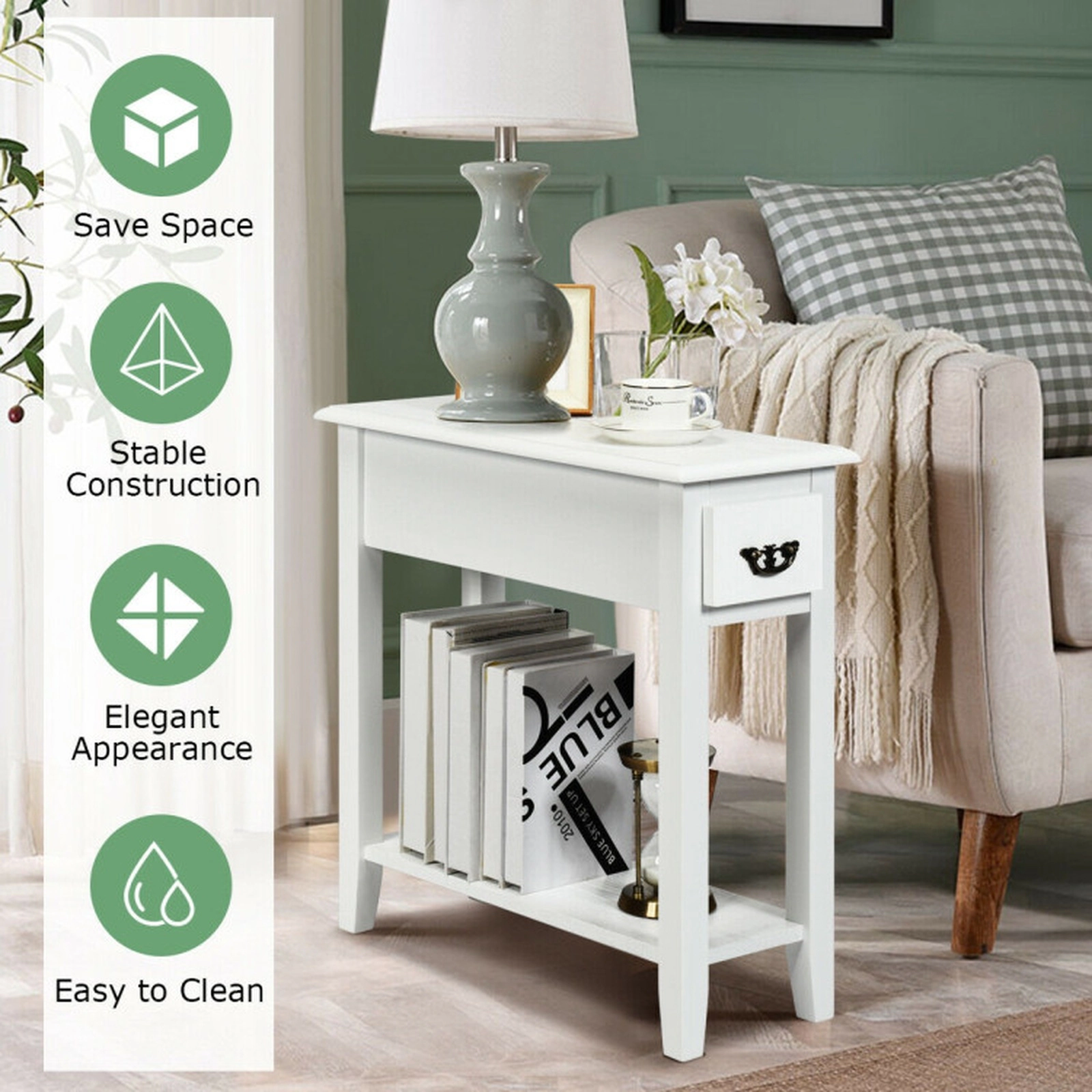 SUGIFT 2-Tier Sofa Side End Tables with Drawer and Open Shelf 110-Lb Tabletop Capacity as Photo Show