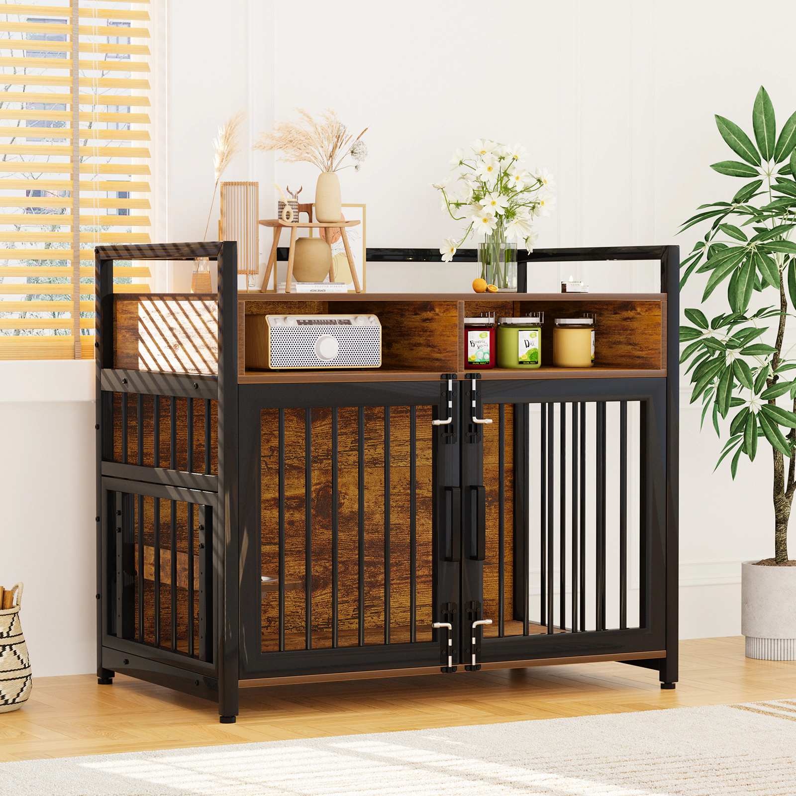 41" Large Dog Crate Furniture with 2 Storage Shelves & 360° Adjustable Feeder, Heavy Duty End Table for Medium Dogs