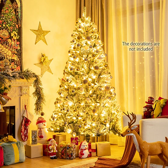 Costway 6/7/8ft Pre-lit Snow Flocked Hinged Christmas Tree w/1502 Tips & Metal Stand
