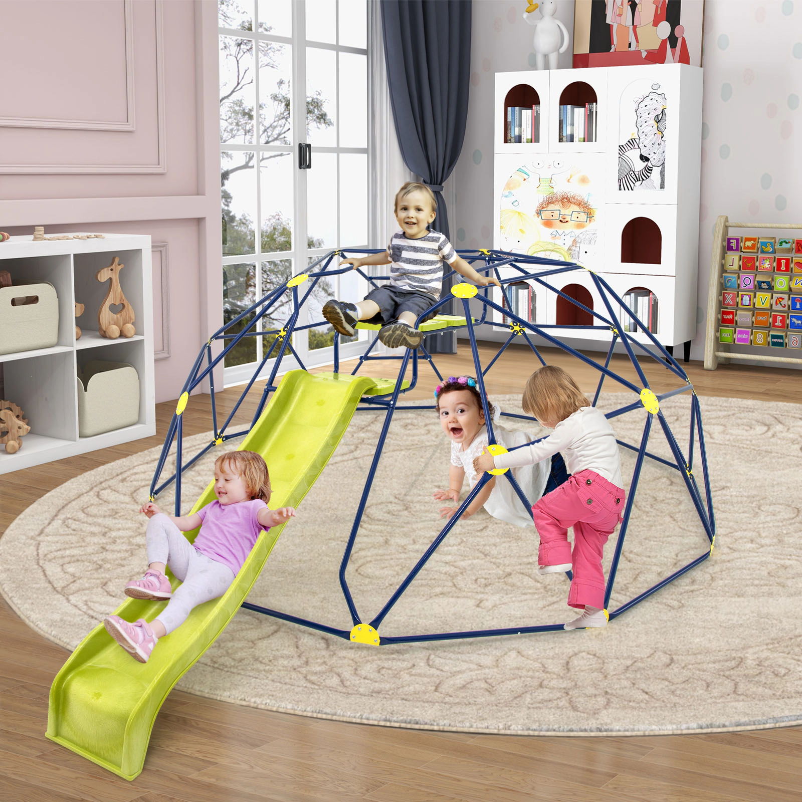 LJG Kids 13.3 FT Climbing Dome Geometric Dome Climber with Extended Wavy Slide and 2 Rest Platforms