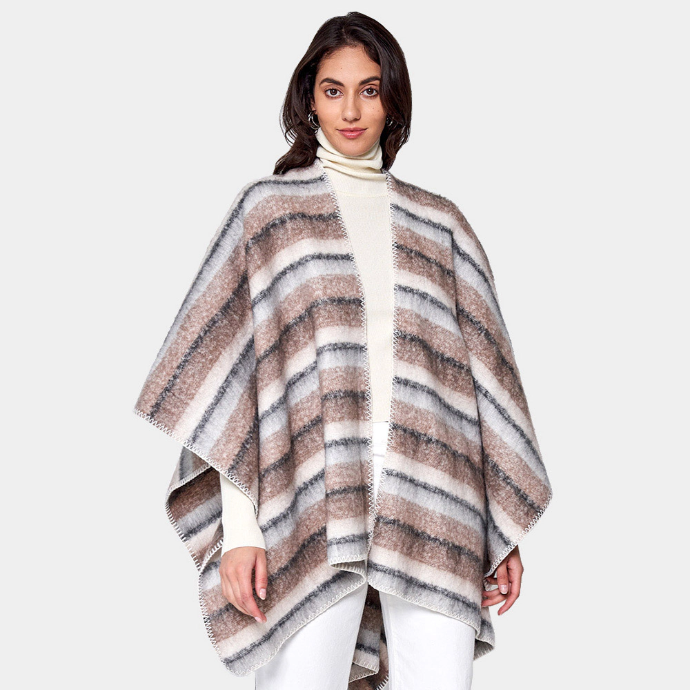 Truedames Women Cozy Striped Three Tone Ruana Poncho