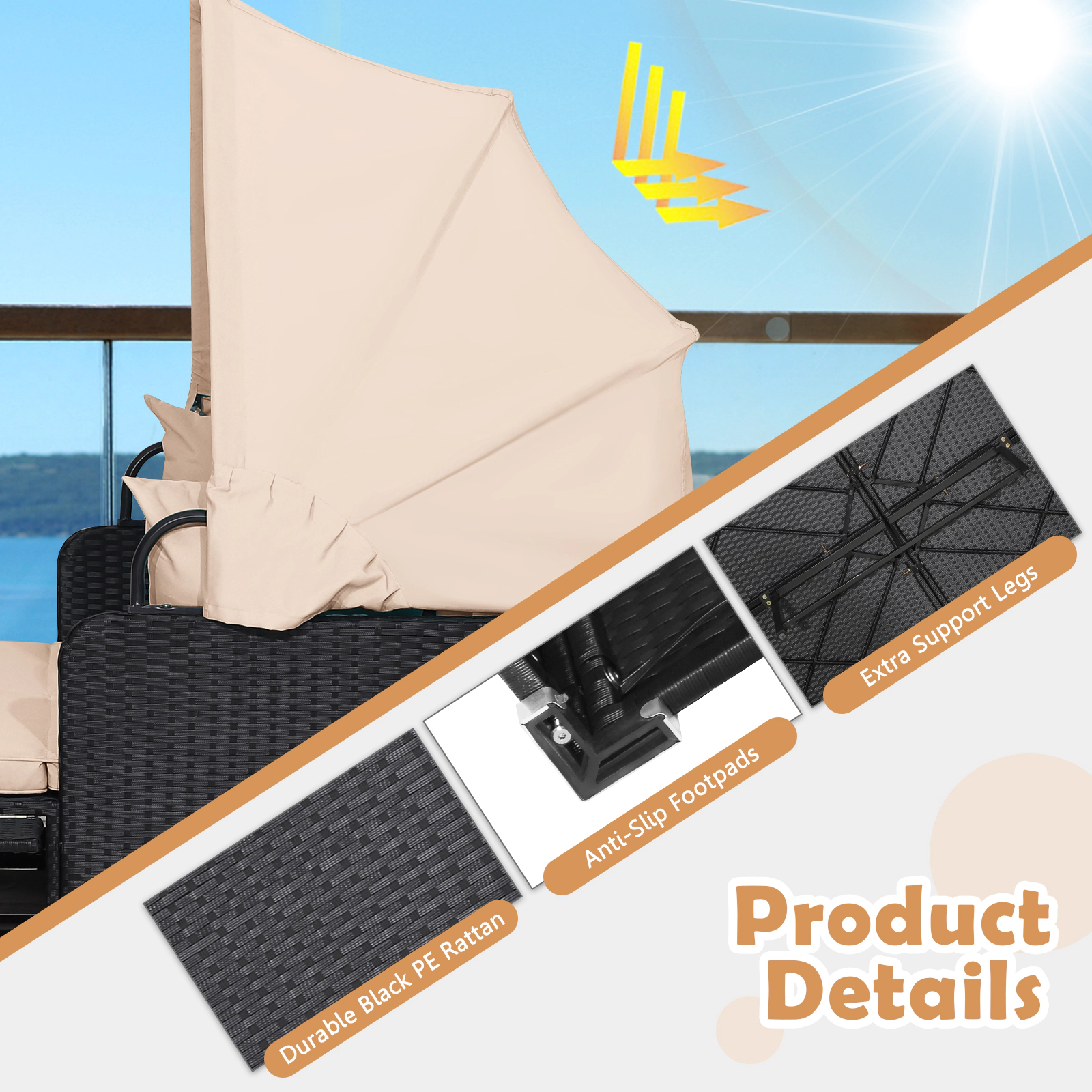 SUGIFT Retractable Canopy Side Trays and Cushions Patio Rattan Daybed