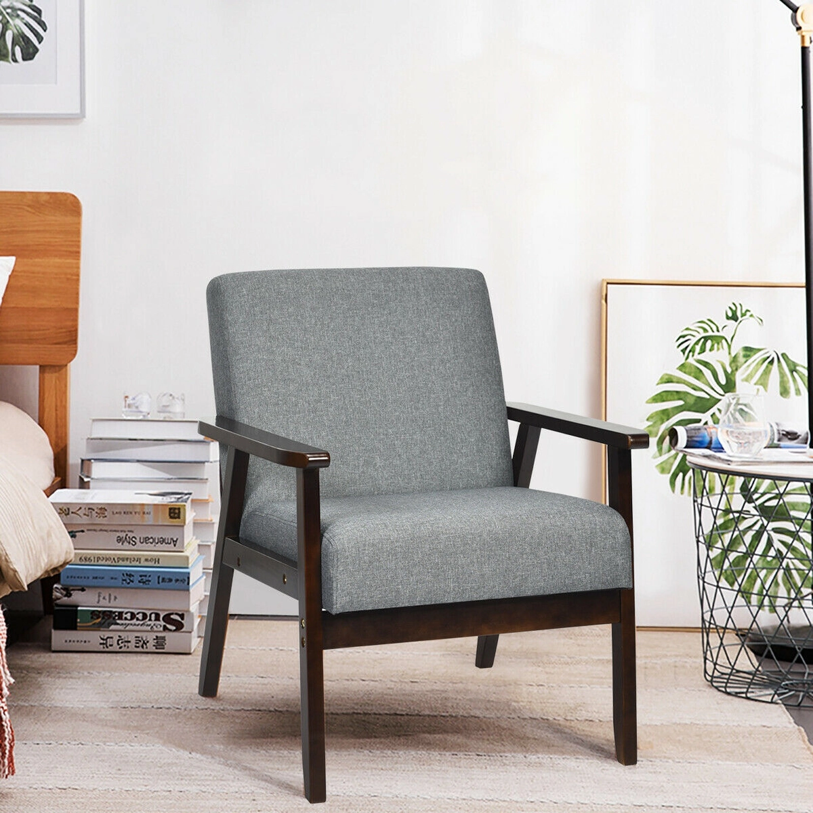 SUGIFT Accent Armchair Gray Linen Upholstered Chair with Solid Rubber Wood Frame