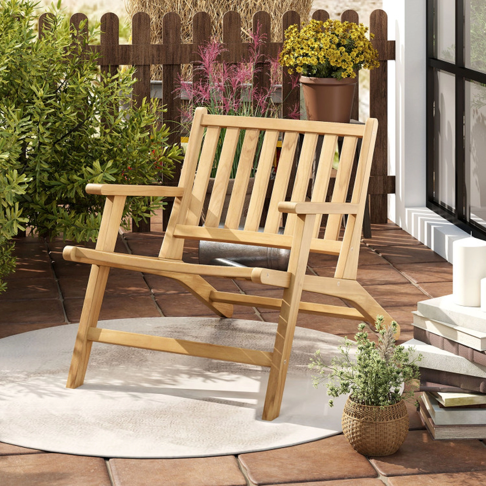 SUGIFT Natural Teak Wood Outdoor Reclining Chair, Angled Backrest, Wide Armrests, 352 lb Capacity