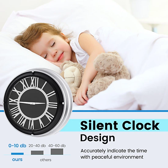 SUGIFT 17.5-in Non-Ticking Quartz Stainless Steel Frame Silent Wall Clock 5.5-in Deep 6.5-lb 1 AA Battery Silver