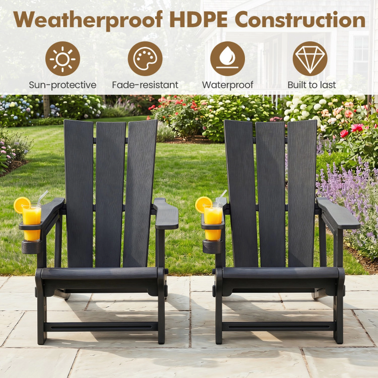 SUGIFT Cup Holder and Curved Backrest Set of 2 Outdoor HDPE Adirondack Chairs
