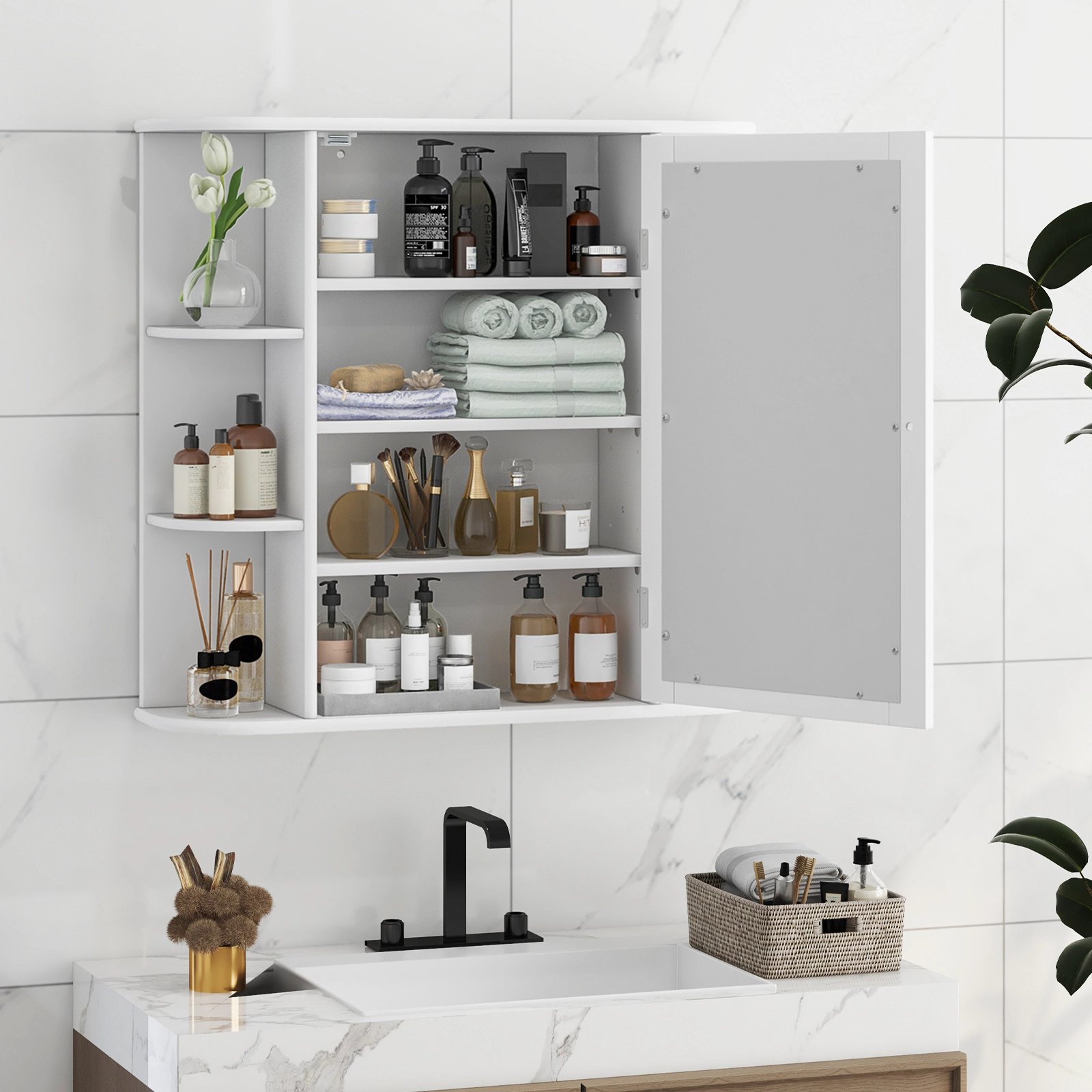 SUGIFT Mirrored Door 6 Side Open Shelves MDF Bathroom Medicine Cabinet 26-in x 6.5-in x 25-in 11-lb Shelf White