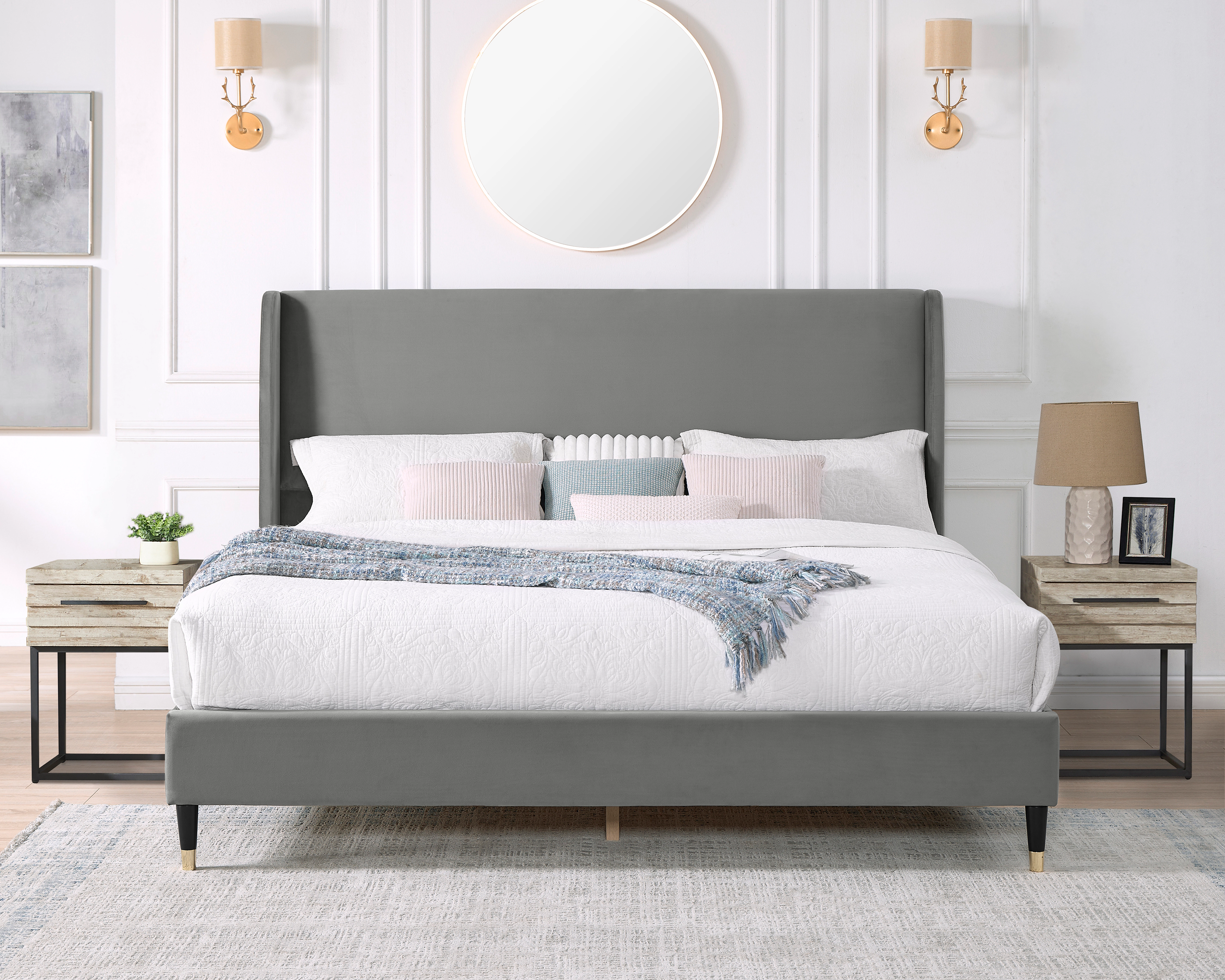 Flynama Rozitta Queen Velvet Wingback Platform Bed, Gray