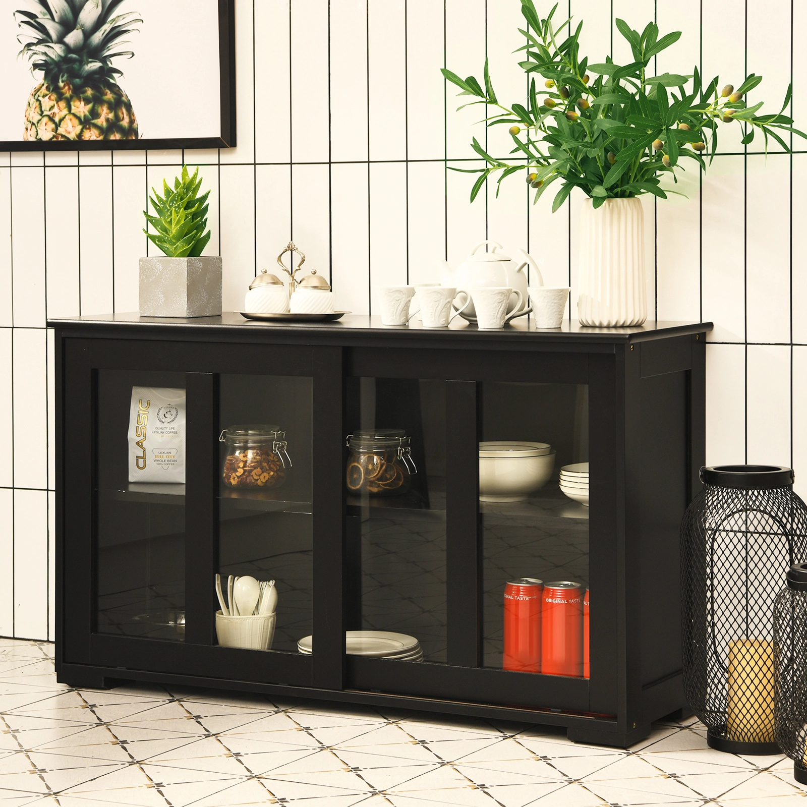 SUGIFT Painted MDF Kitchen Storage Cabinet with Sliding Tempered Glass Doors 24.5-in Tall Black