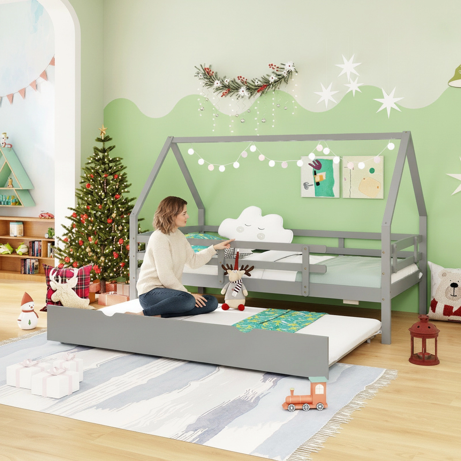 SUGIFT Twin House Bed with Pull-Out Trundle, Fence Rails, Gray Pine Wood, 330-Lb Capacity