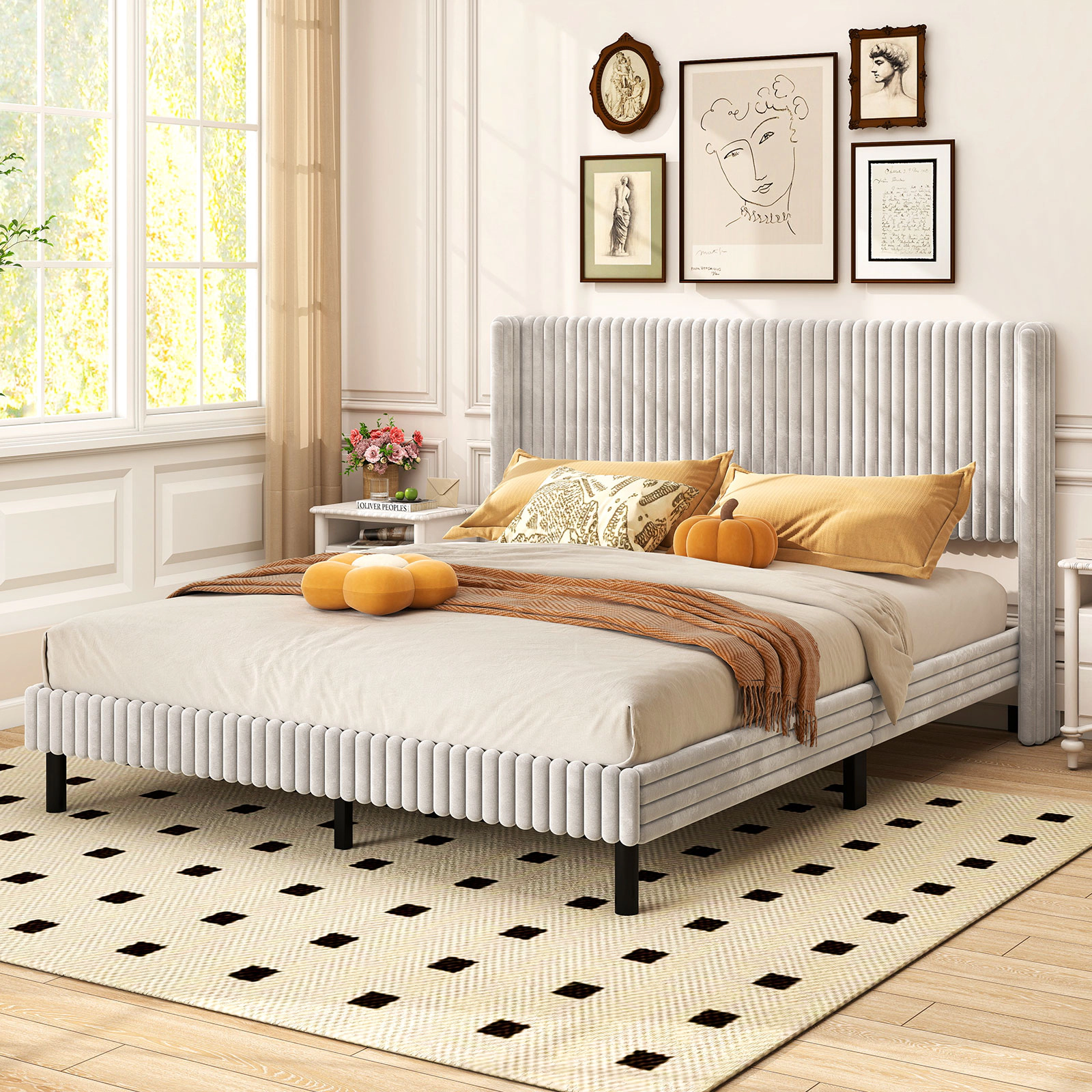 SUGIFT Queen Velvet Upholstered Platform Bed, White, Wingback Channel-Tufted Headboard, 800-lb Capacity