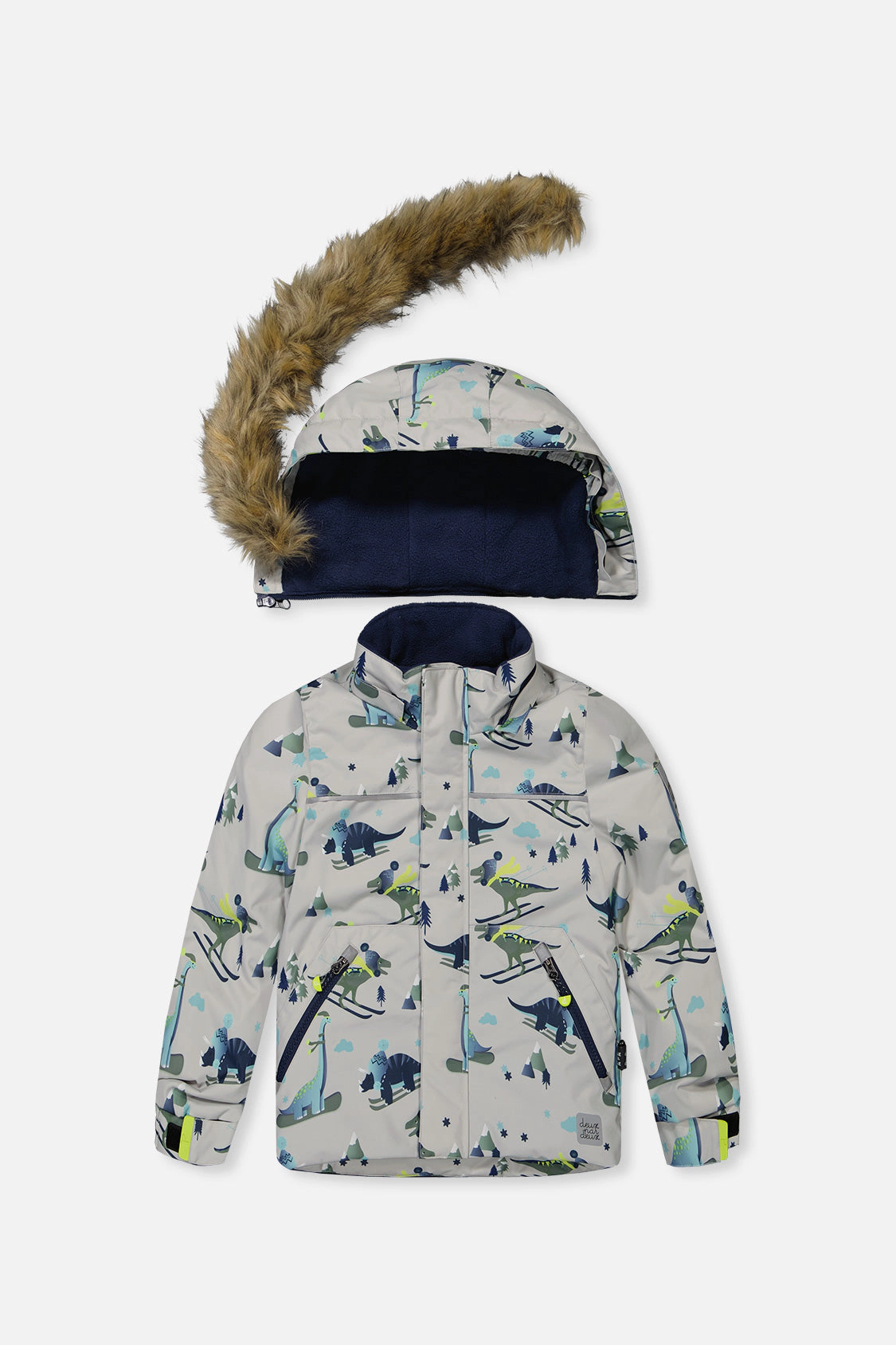 Deux par Boys Skiing Dinosaur Print Two Piece Discover Snowsuit with Hooded Jacket and Snow Pants