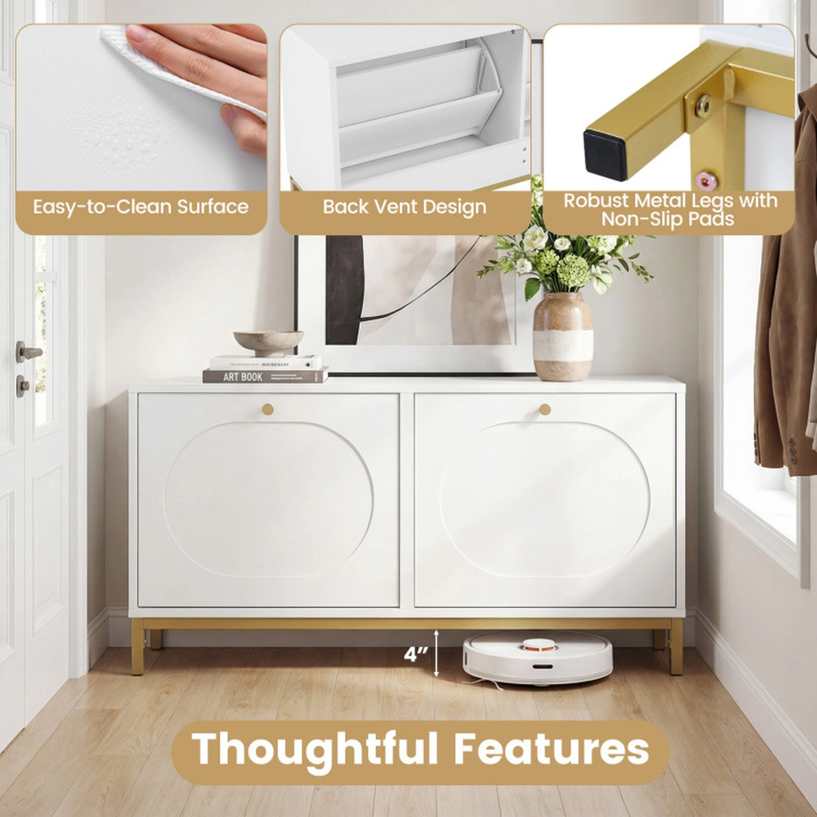 SUGIFT Shoe Storage Bench Narrow Entryway Bench 2 Flip Drawers Adjustable Shelves 150-lb Top Capacity White & Golden