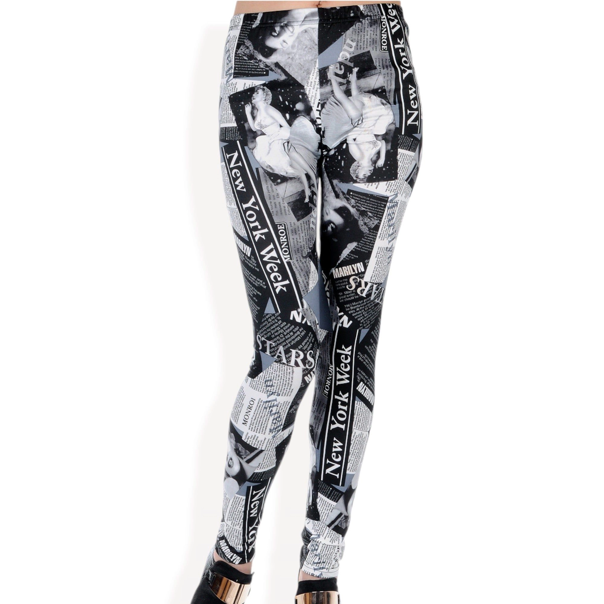 Anna-Kaci Active Women's High Rise Printed Leggings with New York Week Newspaper Graphic