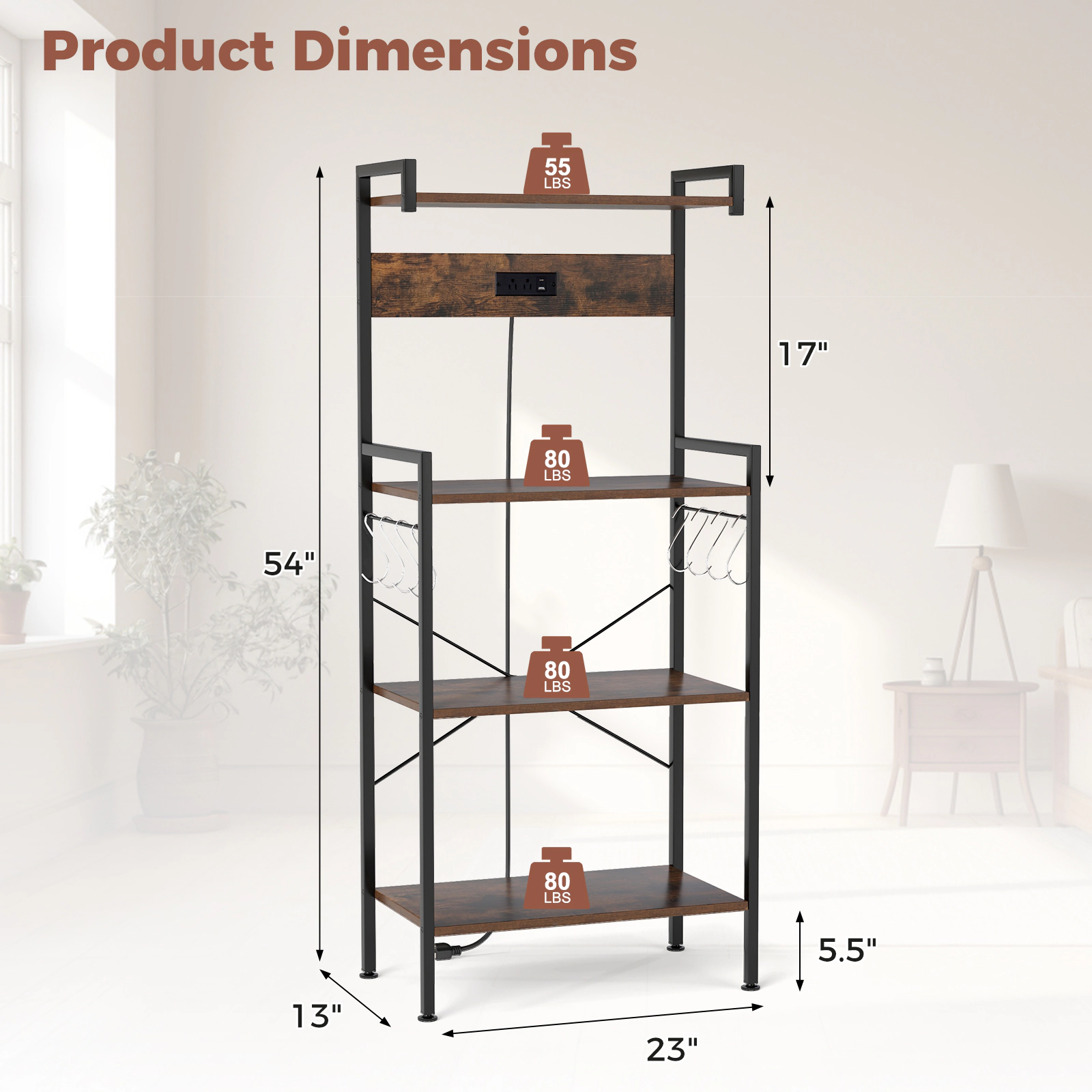 SUGIFT 4-Tier Kitchen Bakers Rack Shelving Unit with Power Outlet 55-lb Top Shelf Capacity 4-Shelf 8-Hook Rustic Brown