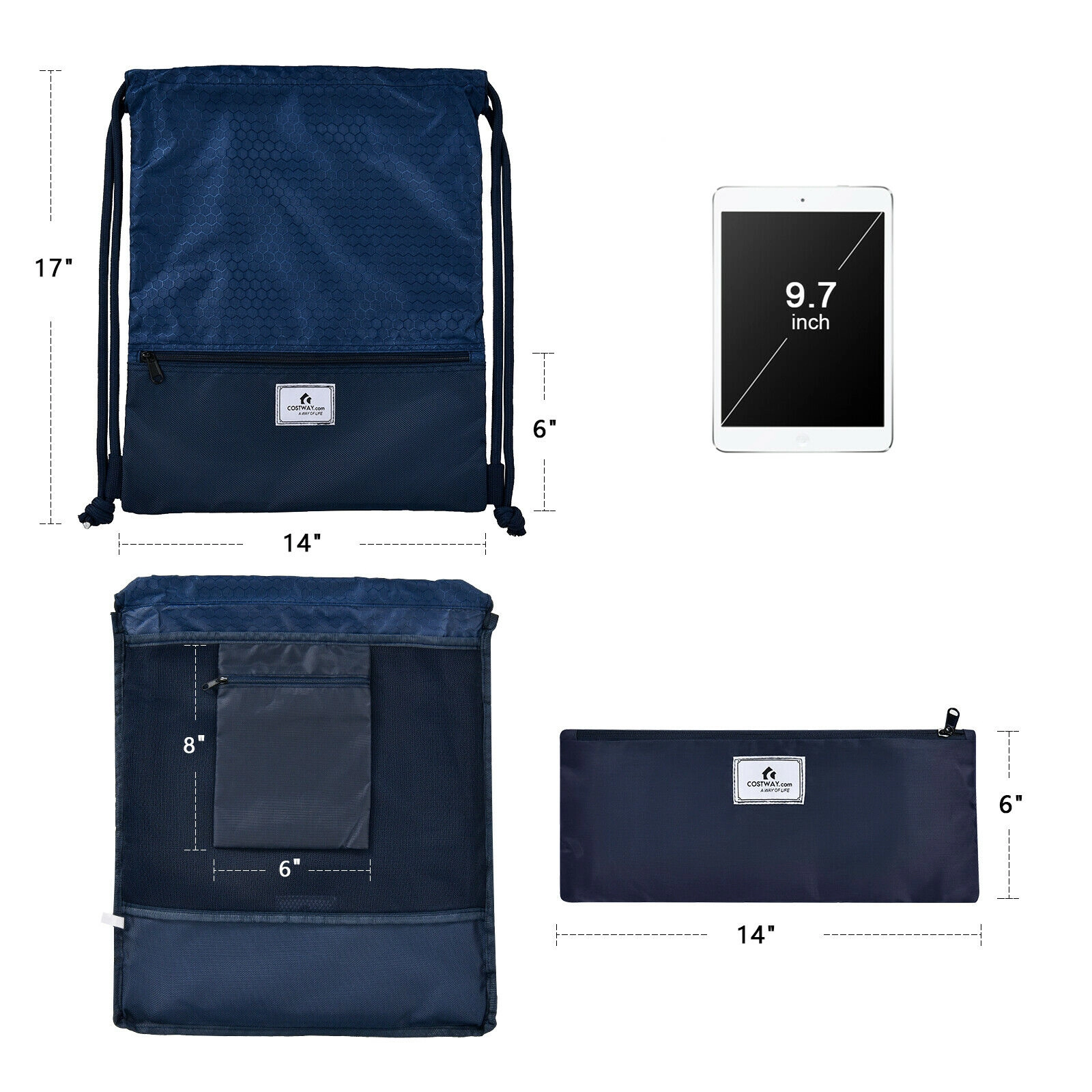 SUGIFT Dark Blue 17-in x 14-in Foldable Mesh Back Polyester Drawstring Backpack String Bag with Zipper Pockets
