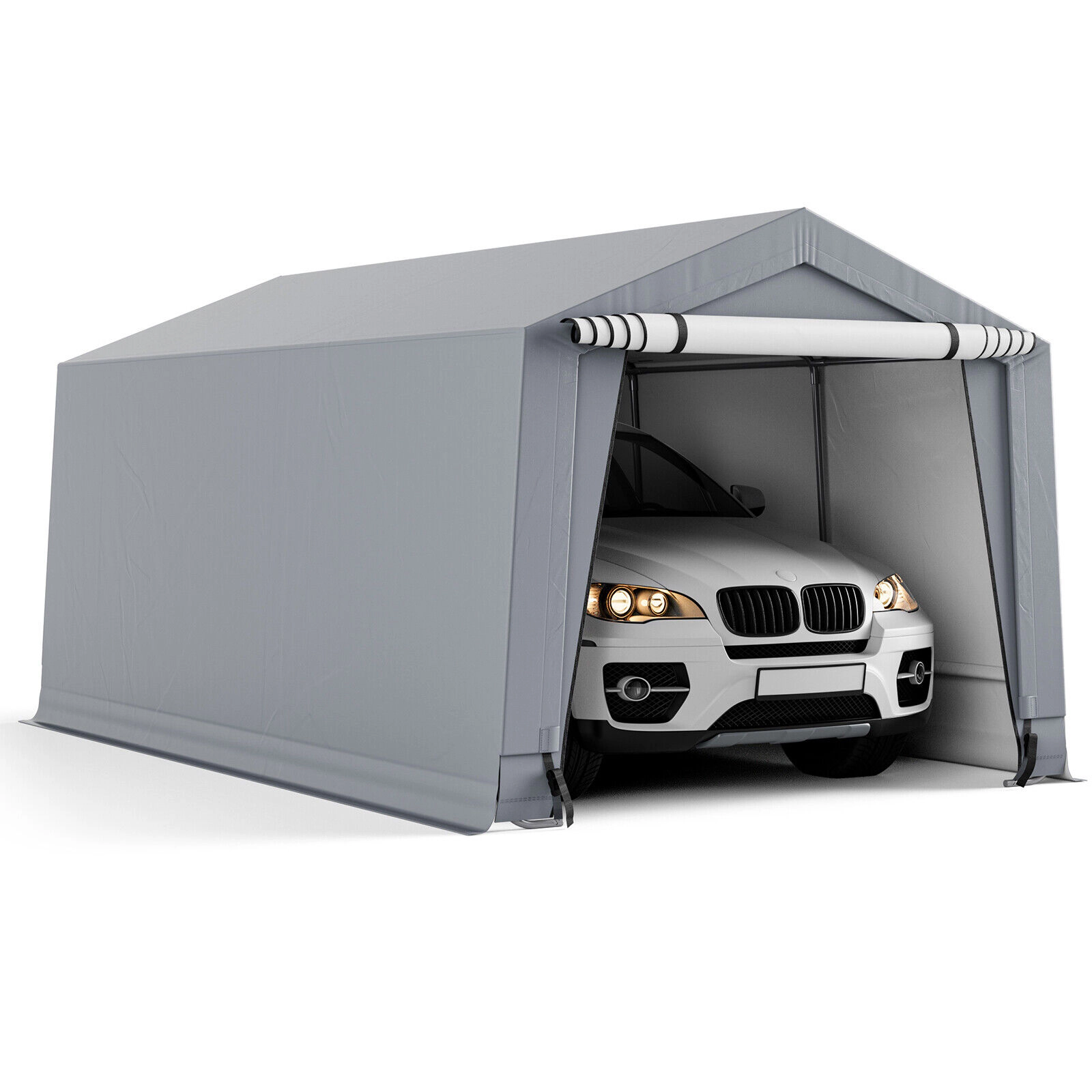 SUGIFT Gray Heavy Duty Galvanized Steel Carport Canopy Tent with 2 Roll Up Doors and 8 Legs 16-ft W 10-ft D