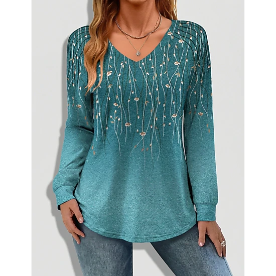 Zeagoo Women's Long Sleeve V-Neck Pleated Loose Tunic Top Trendy Casual Work Shirt