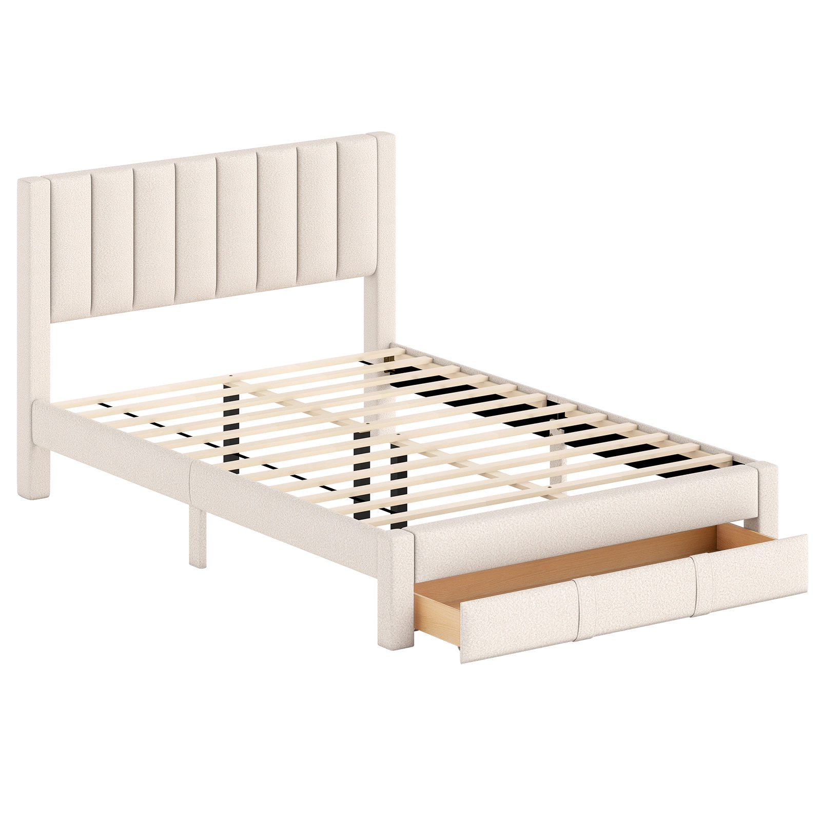 SUGIFT Upholstered Queen Bed Frame with Storage Drawer and Vertical Channel Headboard 800-lb Capacity Beige