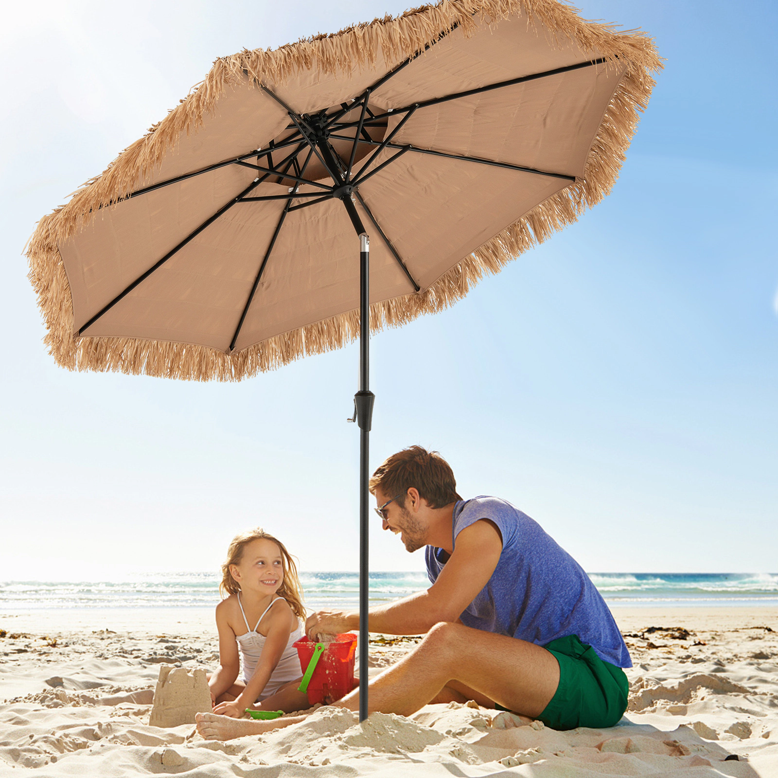 SUGIFT 9-Foot Thatched Tiki Patio Umbrella with 8 Ribs Push-Button Tilt Natural