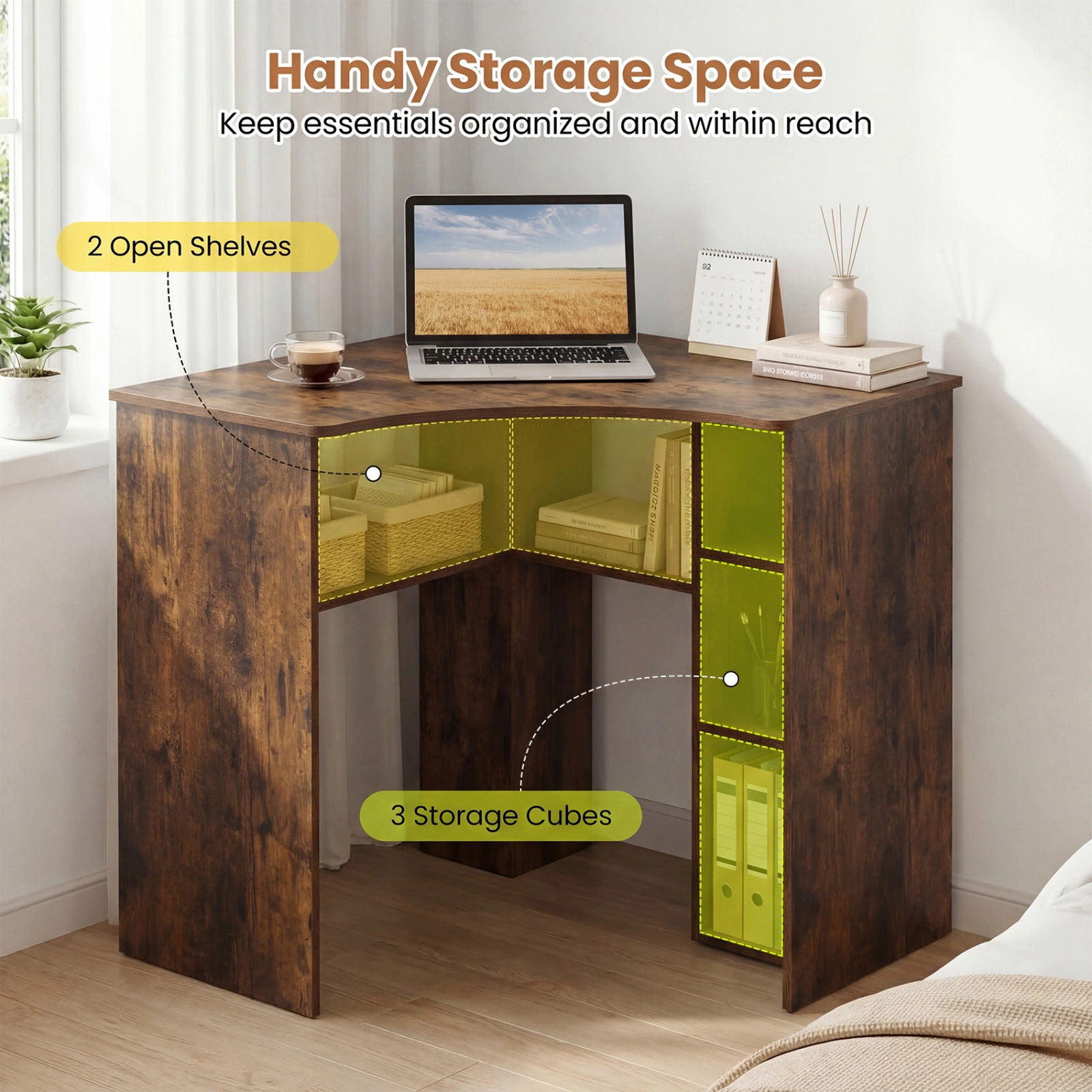 SUGIFT 90° Corner Triangle Computer Desk with Adjustable Shelf & Arc-Shaped Profile 100-lb Desktop Capacity Rustic Brown